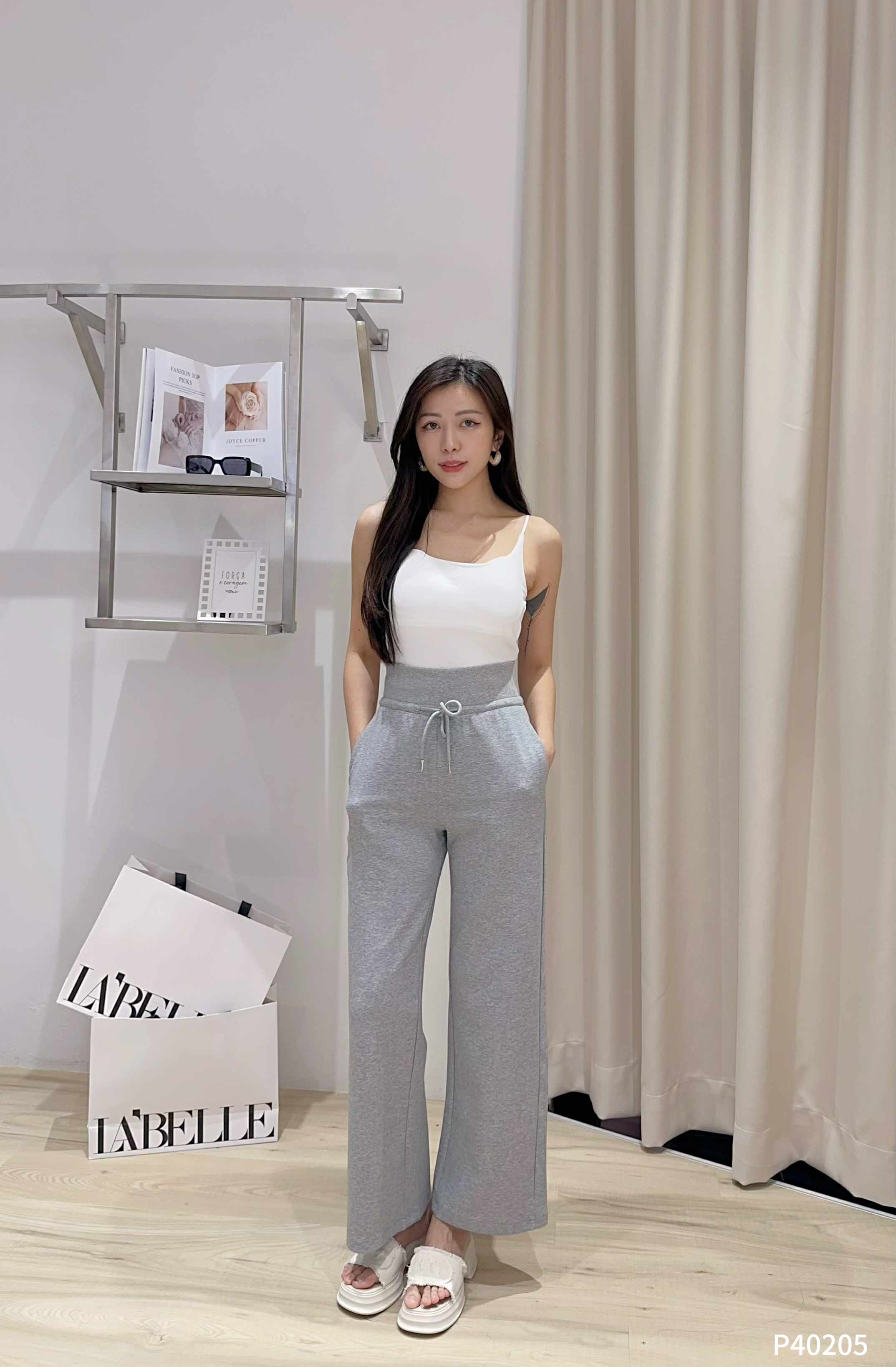 休闲抽绳设计直筒阔腿长裤 (P40205)