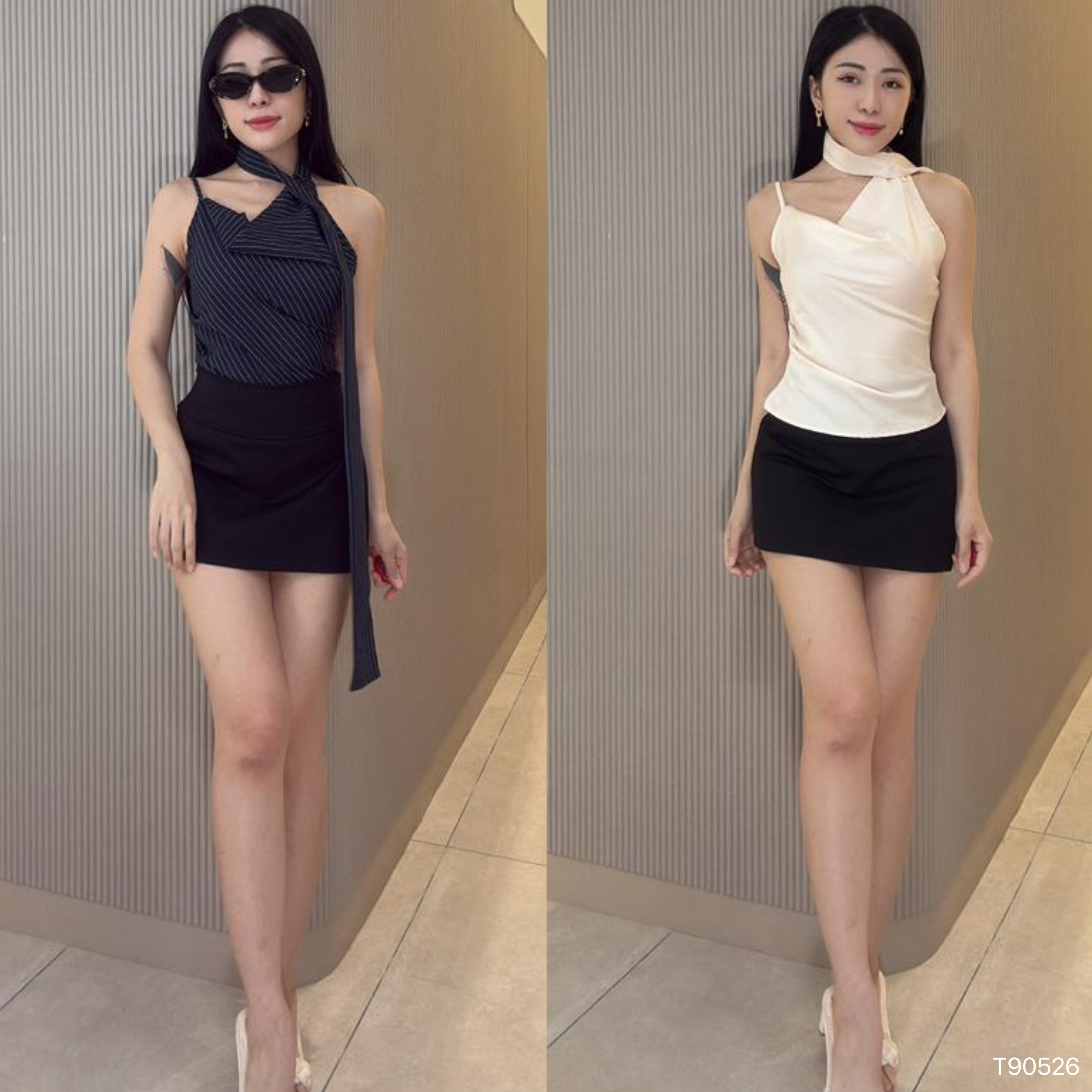 时尚荡领挂脖飘带设计吊带上衣 (T90526)