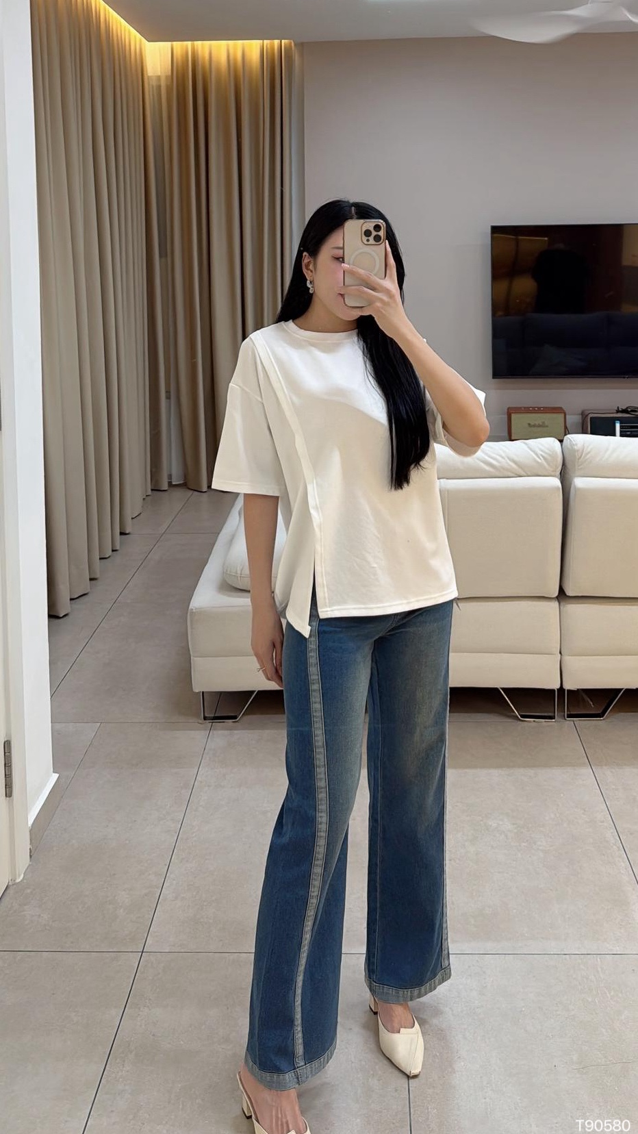 百搭不规则开叉设计宽松T恤 (T90580)