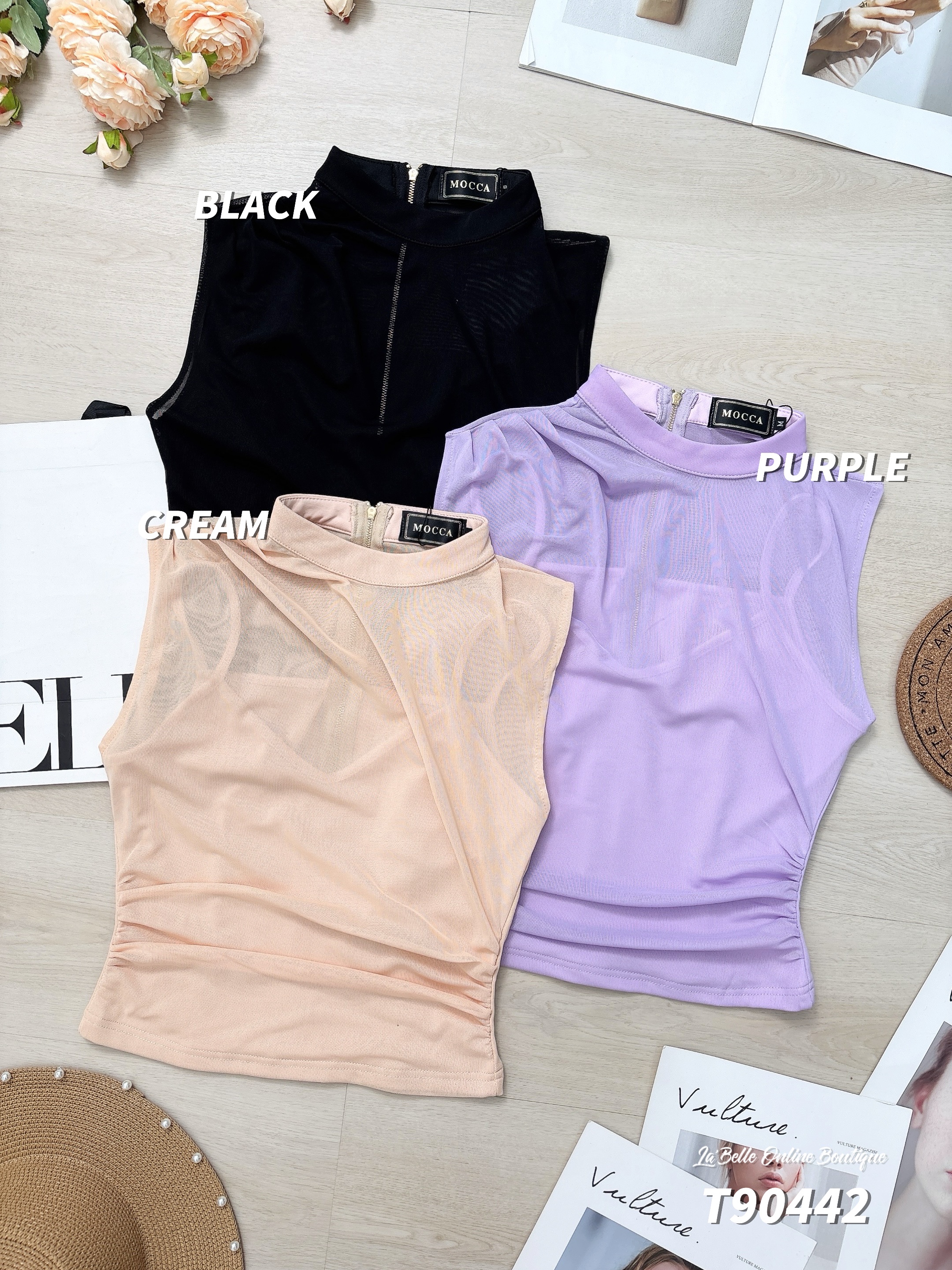 气质褶皱微透设计圆领无袖上衣 (T90442)