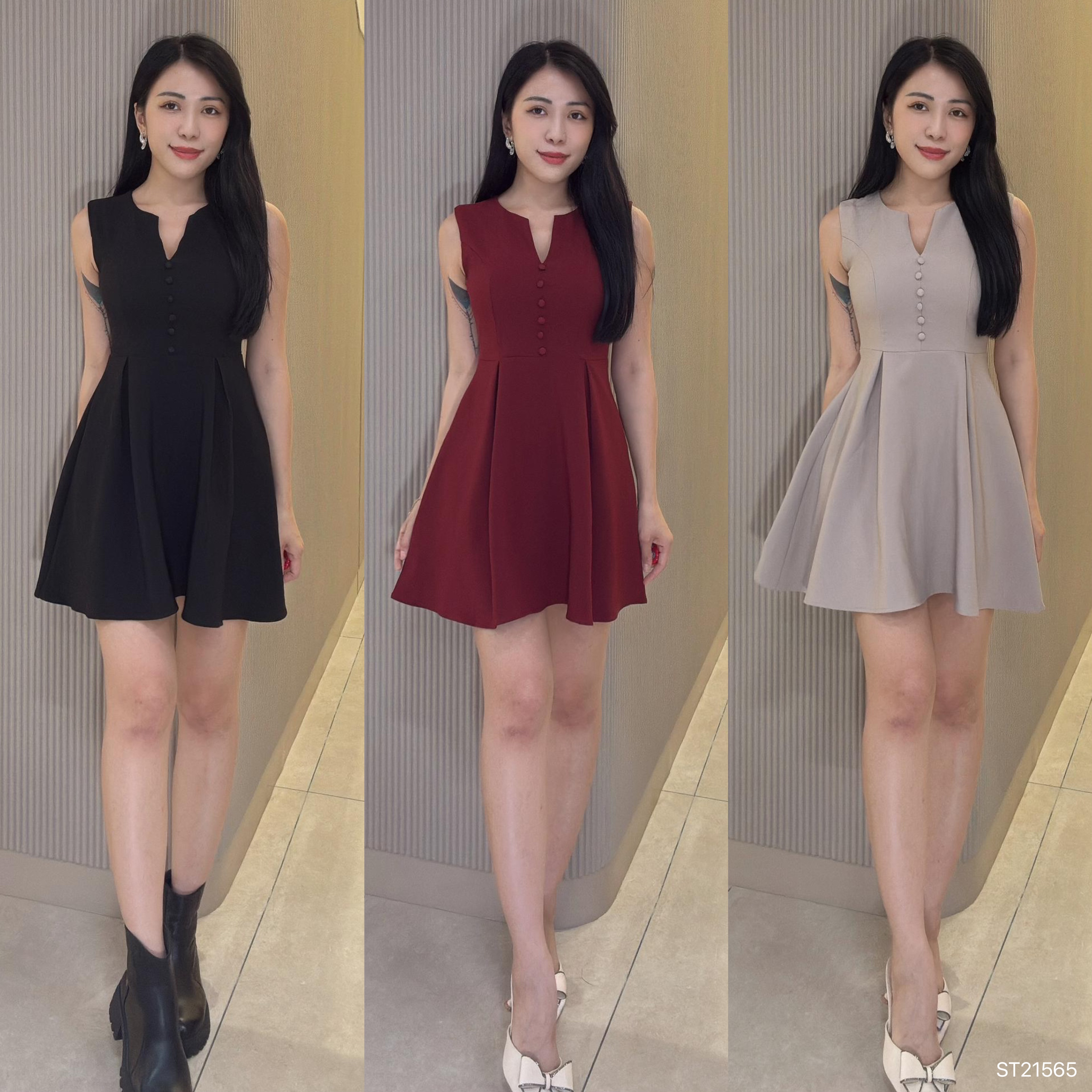 【LBP独家】高端V领假纽扣设计无袖连身裙  (ST21565)