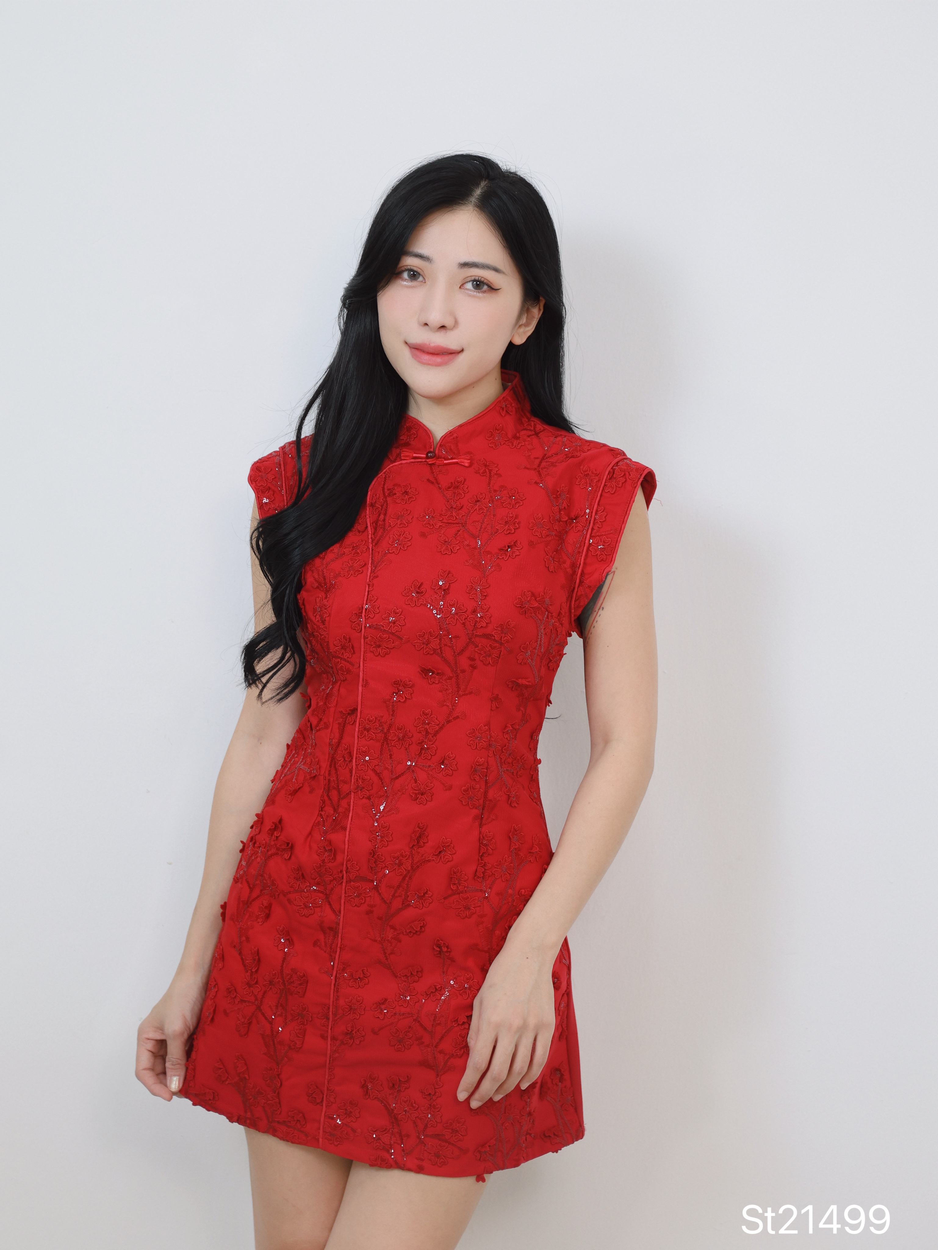 新中式立体花朵刺绣设计修身旗袍 (ST21499)