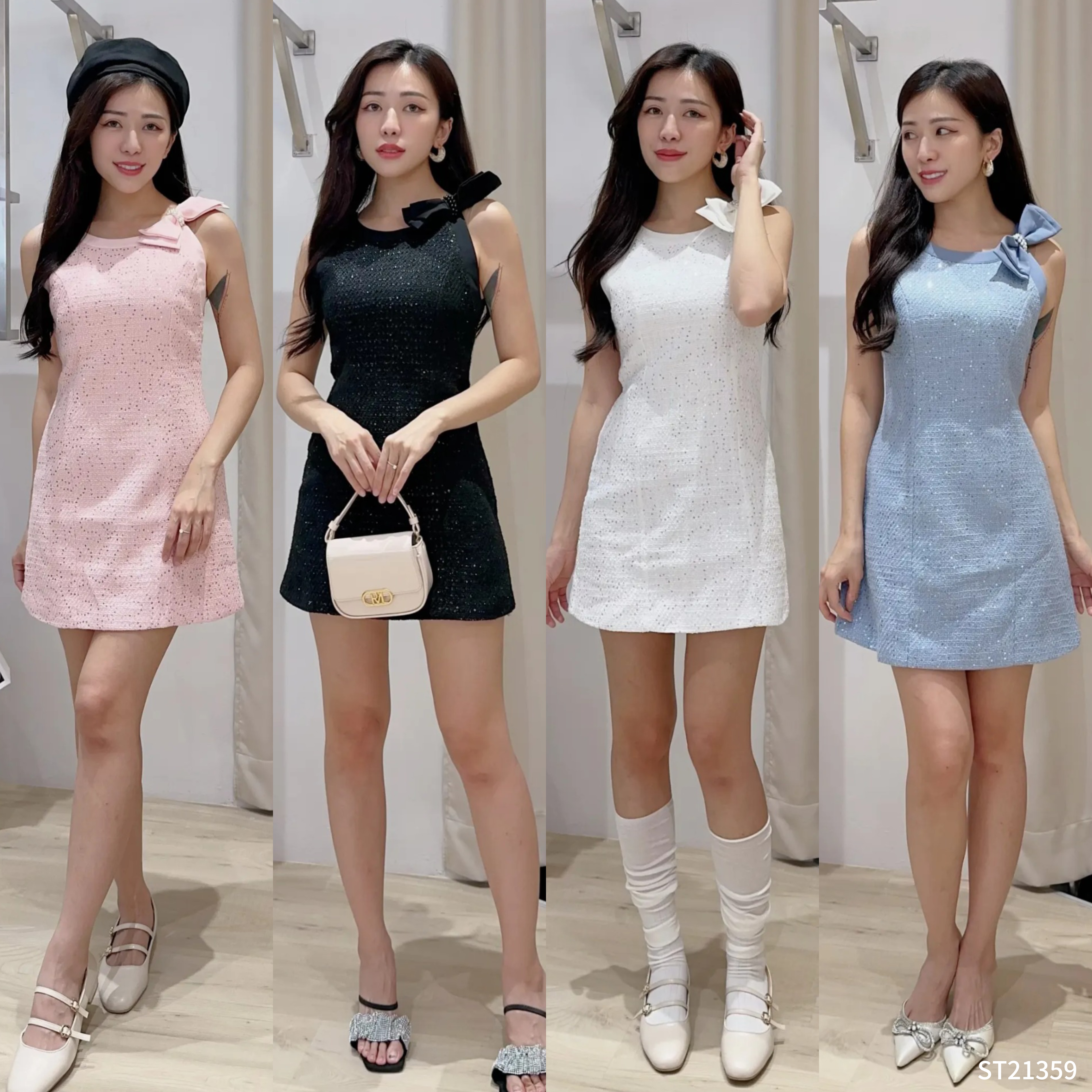 小香风Cut-in圆领蝴蝶结设计连身裙 (ST21359)