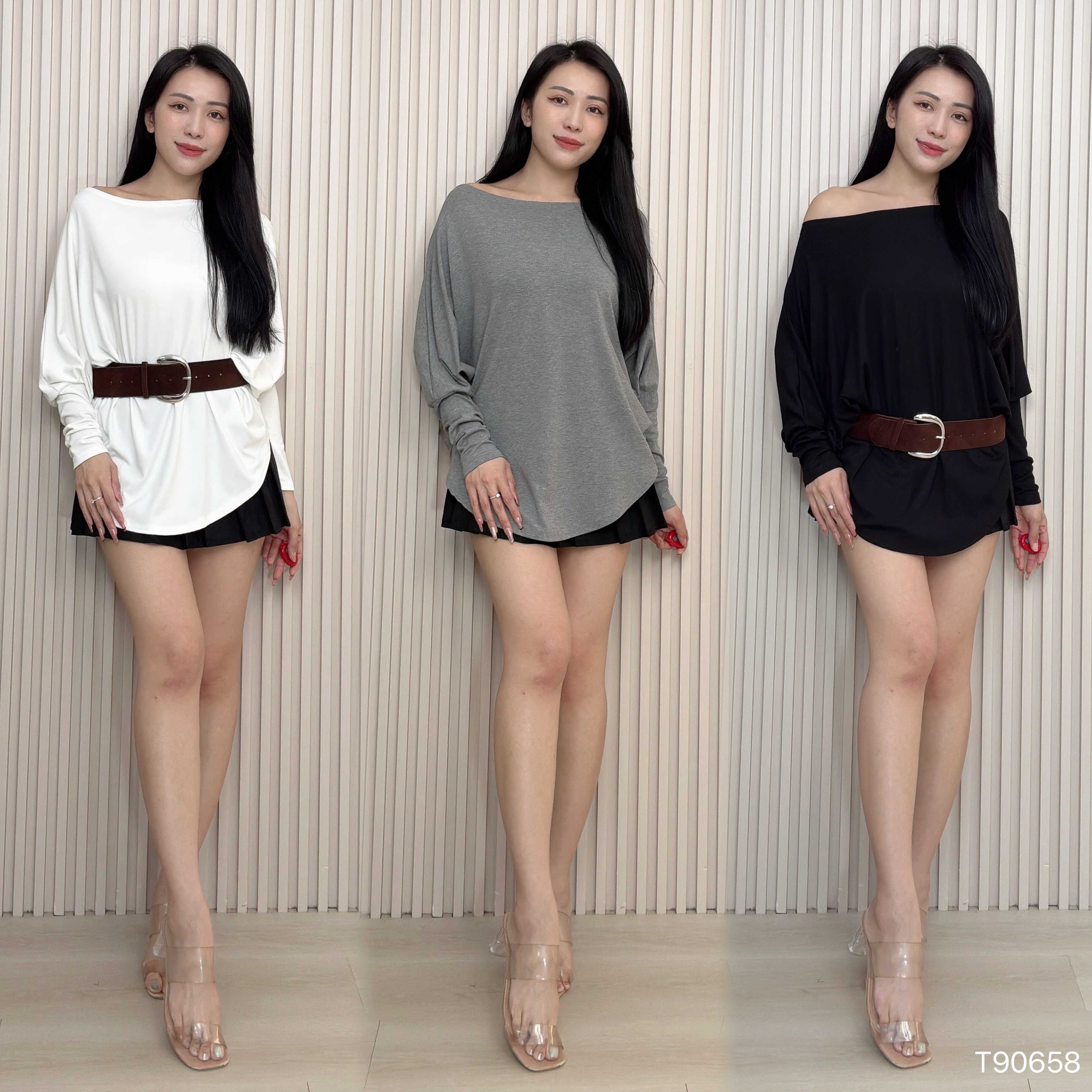 慵懒风斜肩宽领蝙蝠袖上衣 （T90658）