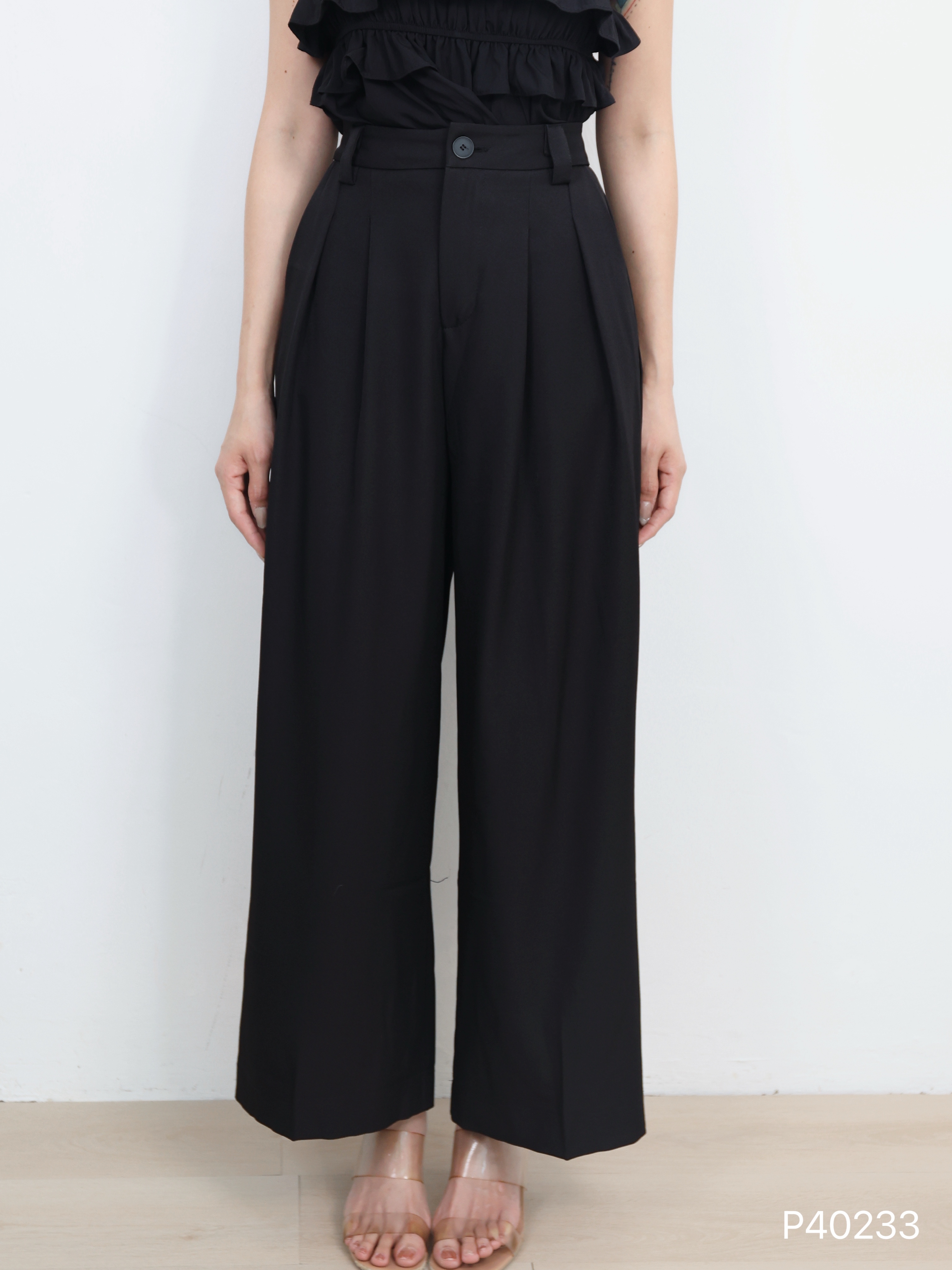  百搭压褶设计宽松直筒高腰长裤 (P40233)