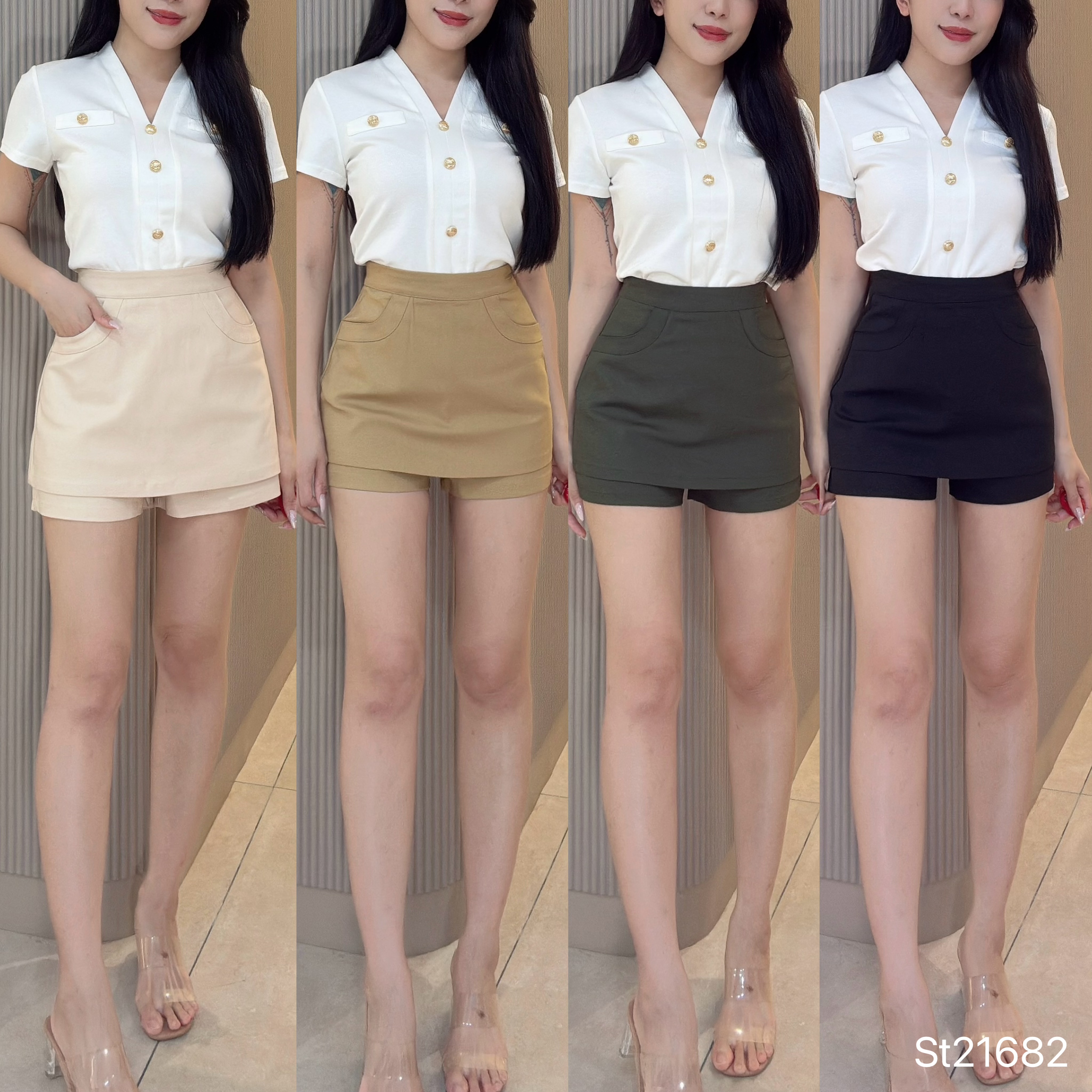 简约百搭A字假两件高腰裤裙 (ST21682)