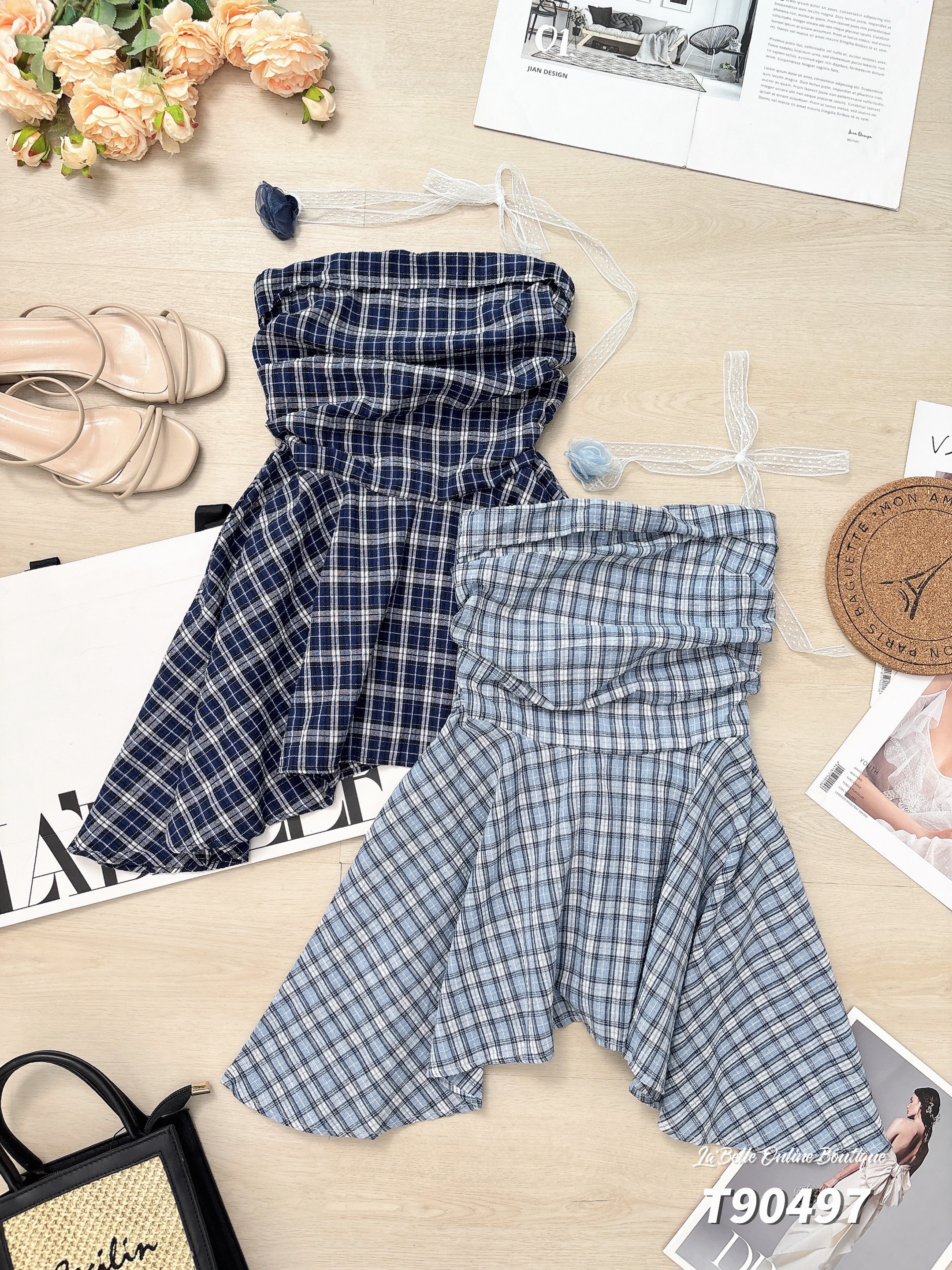 韩系不规则抹胸设计格子上衣 (T90497)