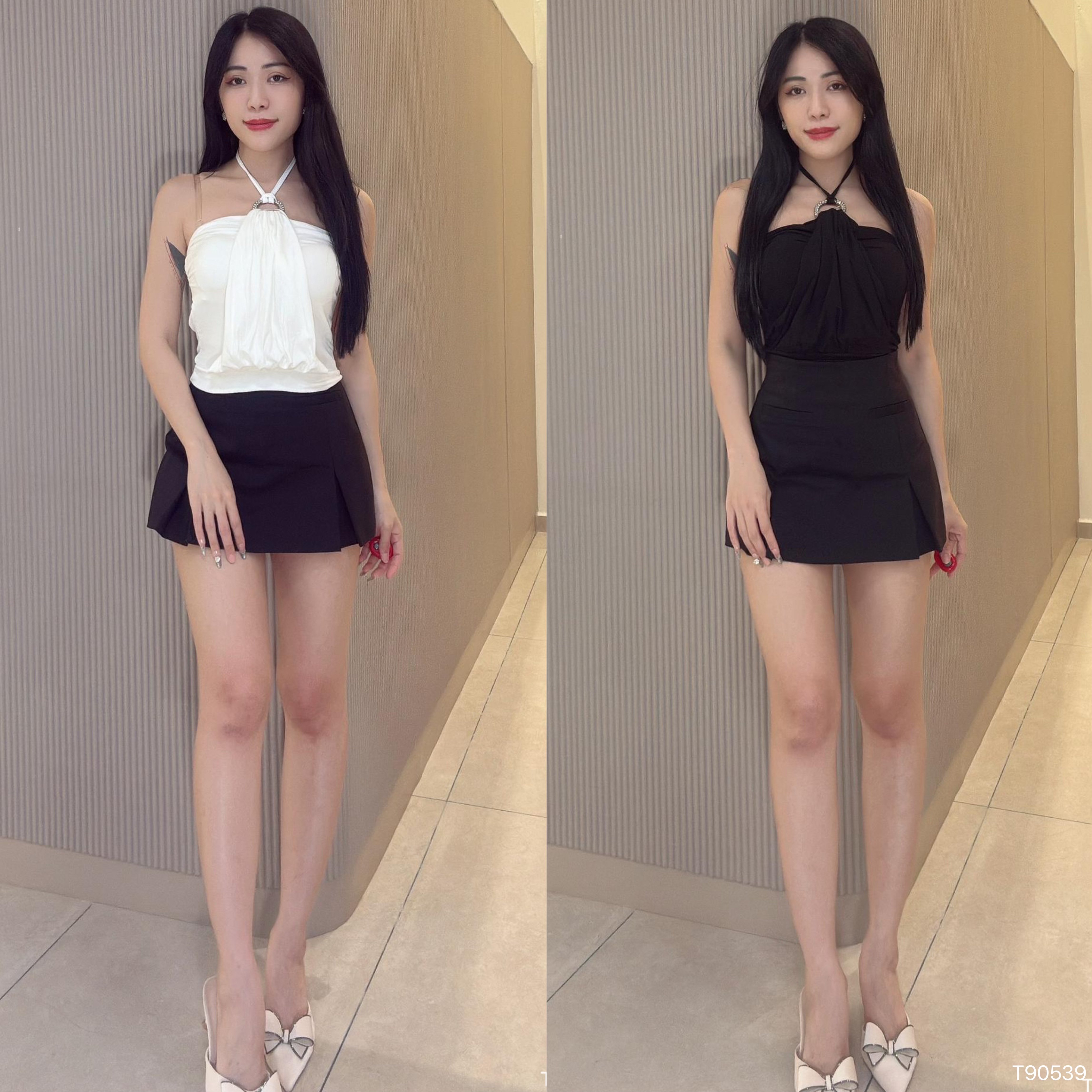 性感修身褶皱设计抹胸挂脖上衣 (T90539)