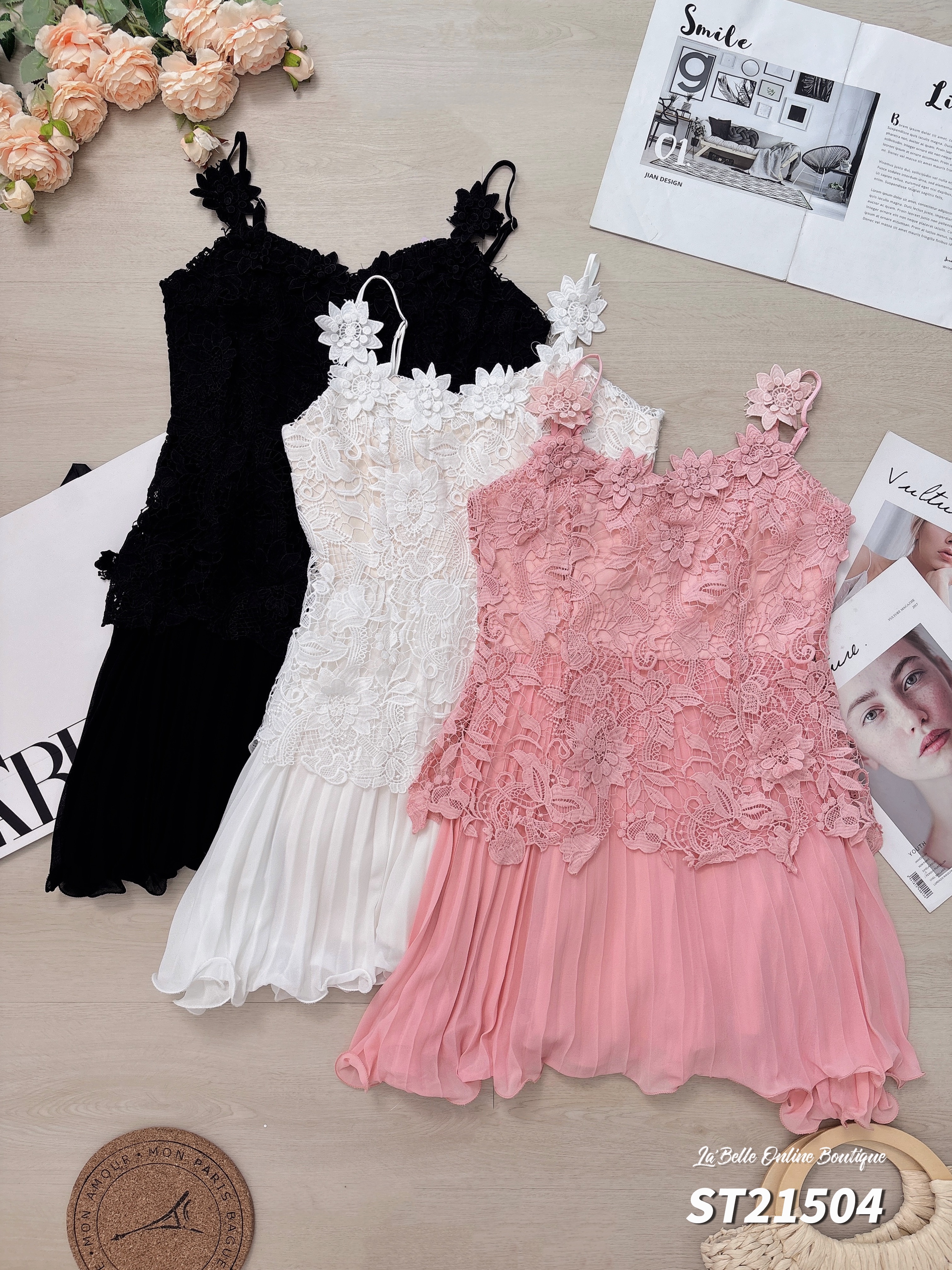 法式花朵蕾丝设计吊带连身裙 (ST21504)