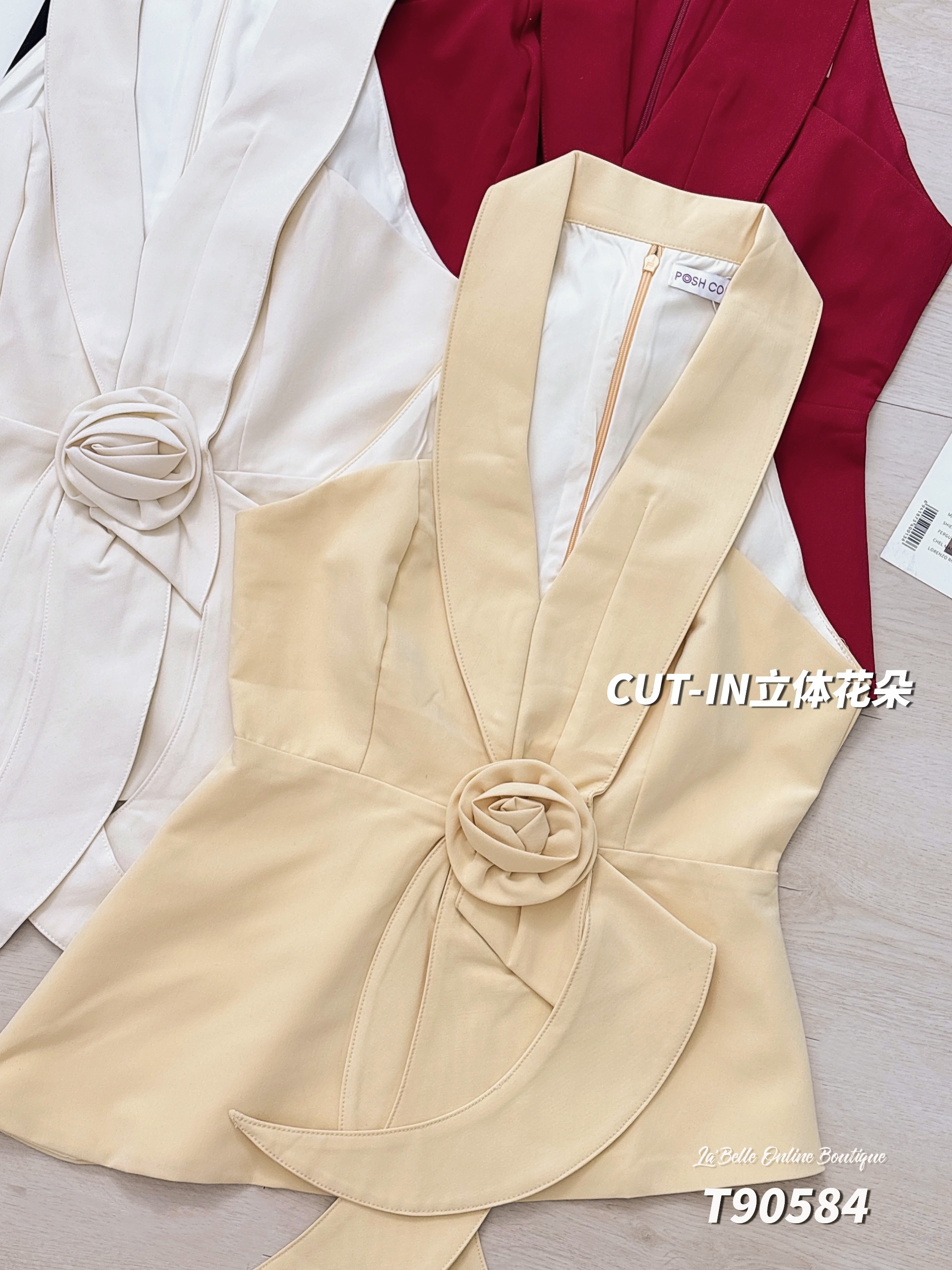 名媛风立体花朵设计Cut-In上衣 (T90584)