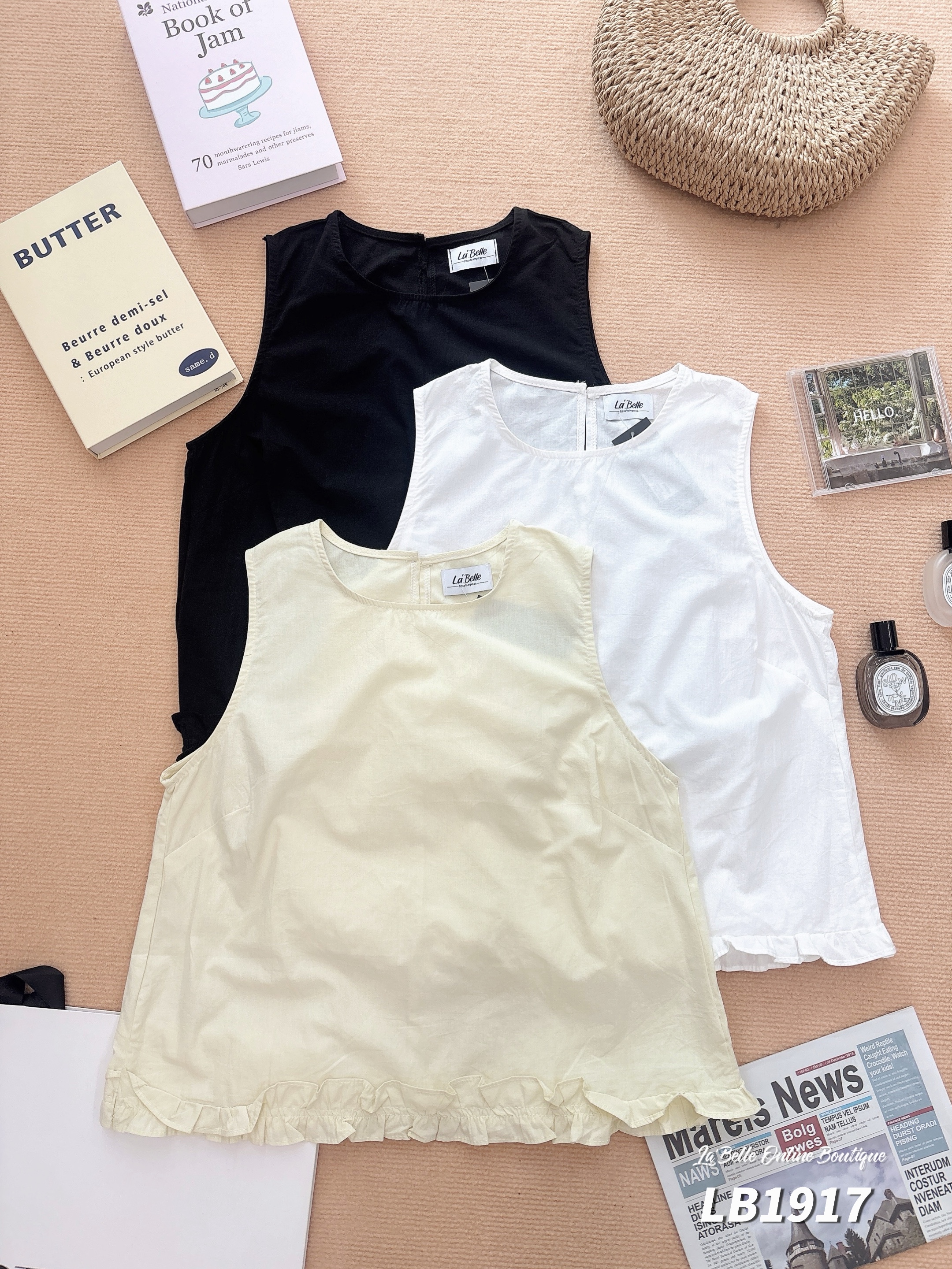 法式圆领木耳边设计无袖上衣 (LB1917)