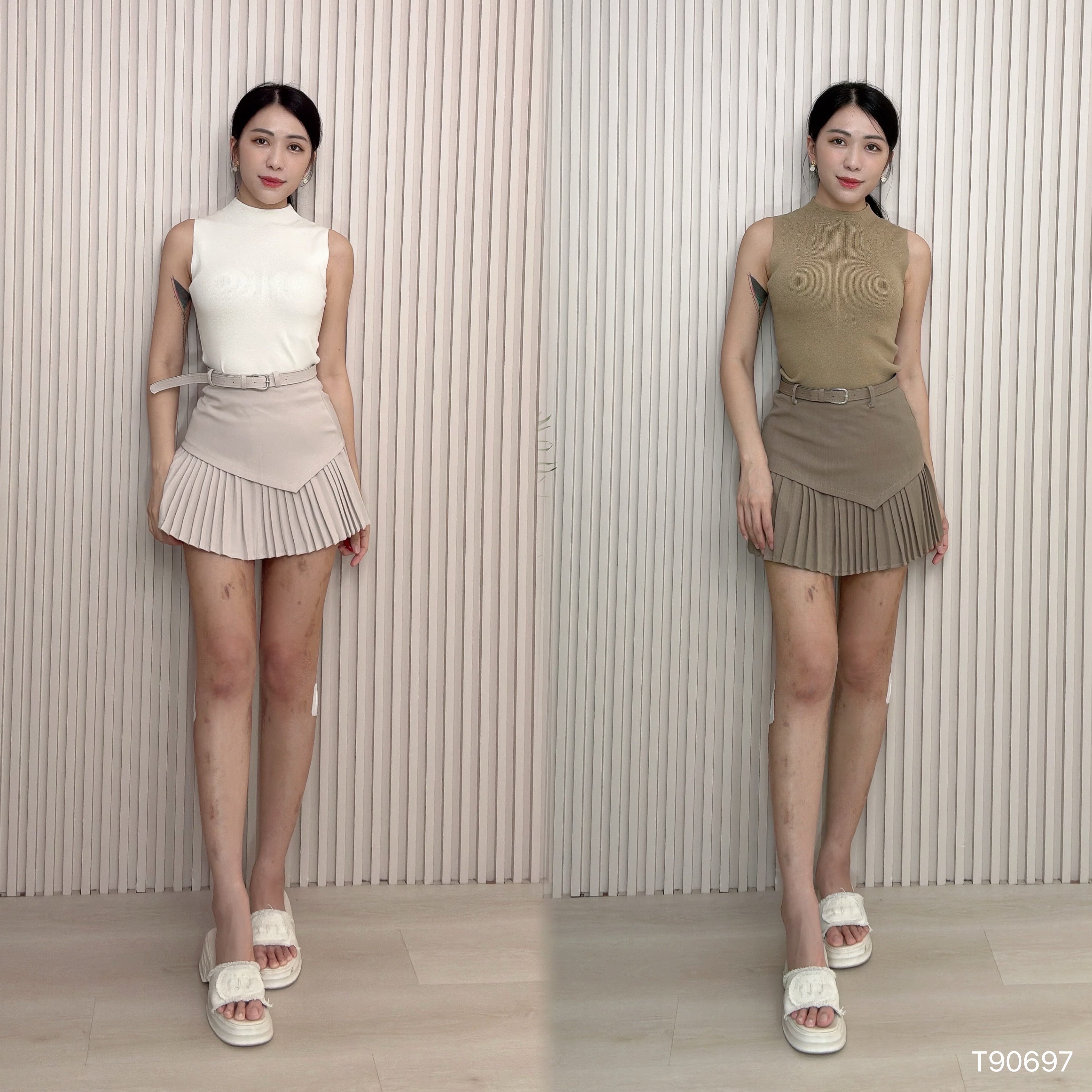 韩系纯色半高领针织无袖上衣 (T90697)