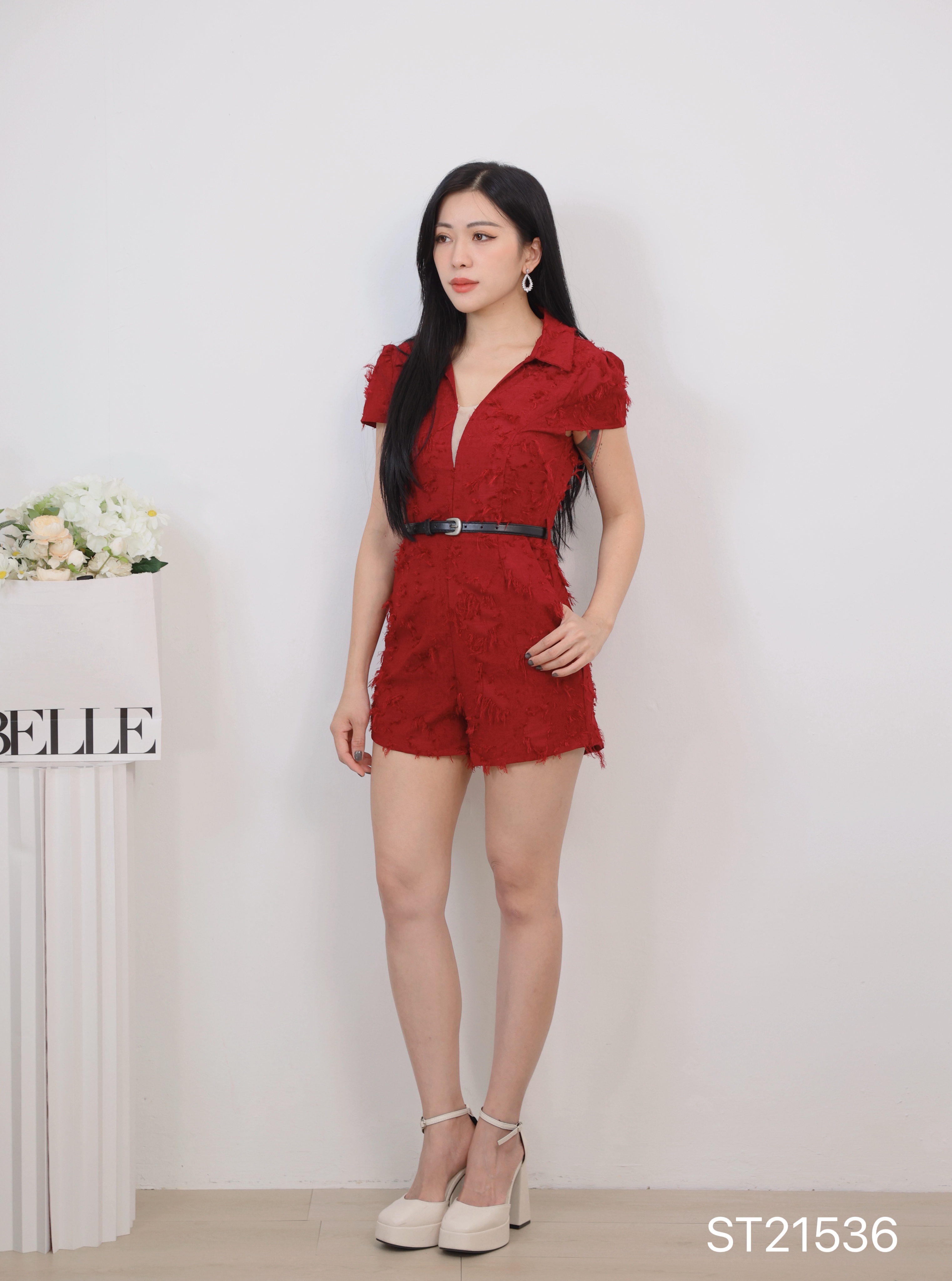 小香风微透V领流苏设计连身裤 (ST21536)