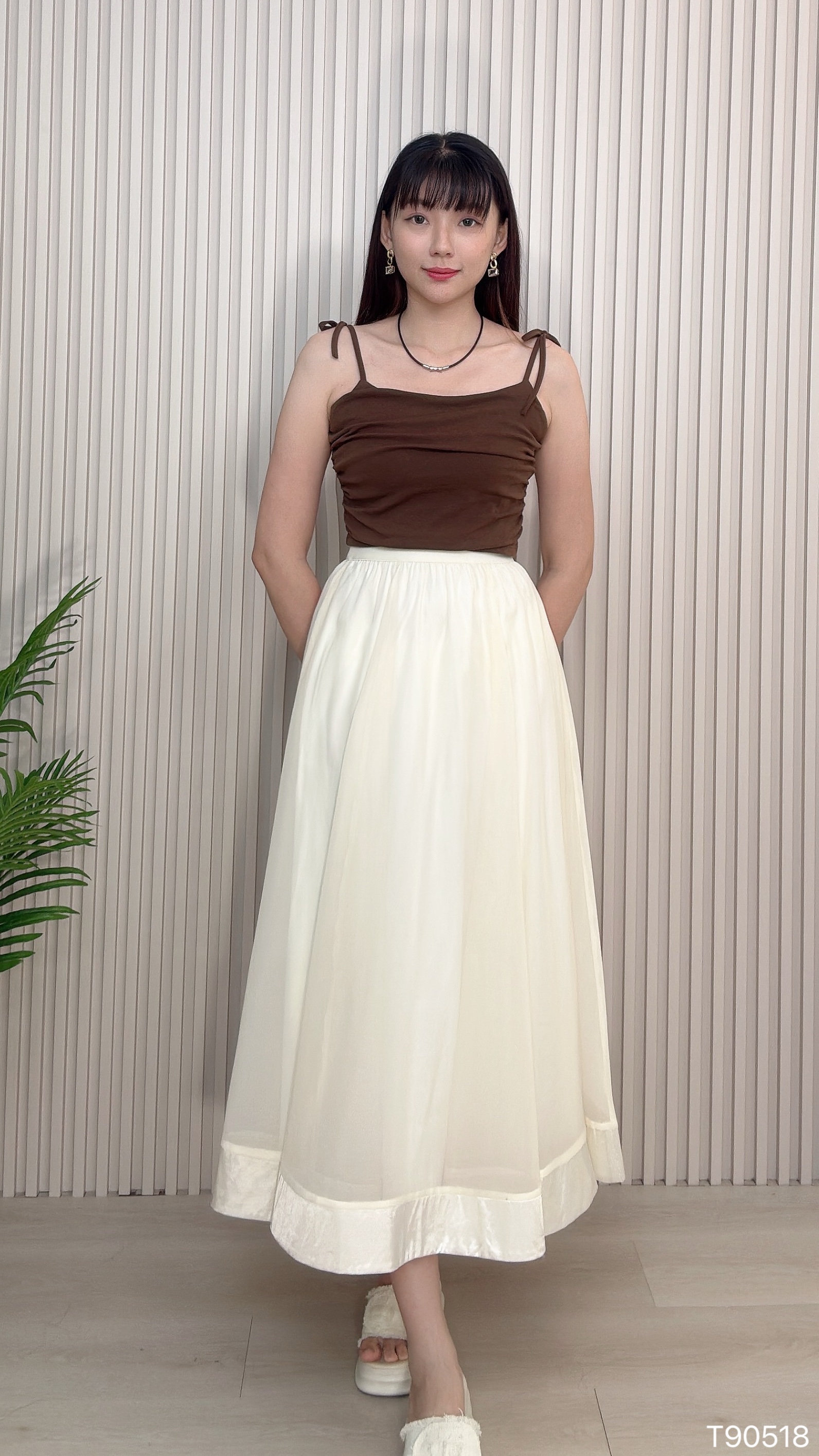 甜美褶皱设计蝴蝶结吊带上衣 (T90518)