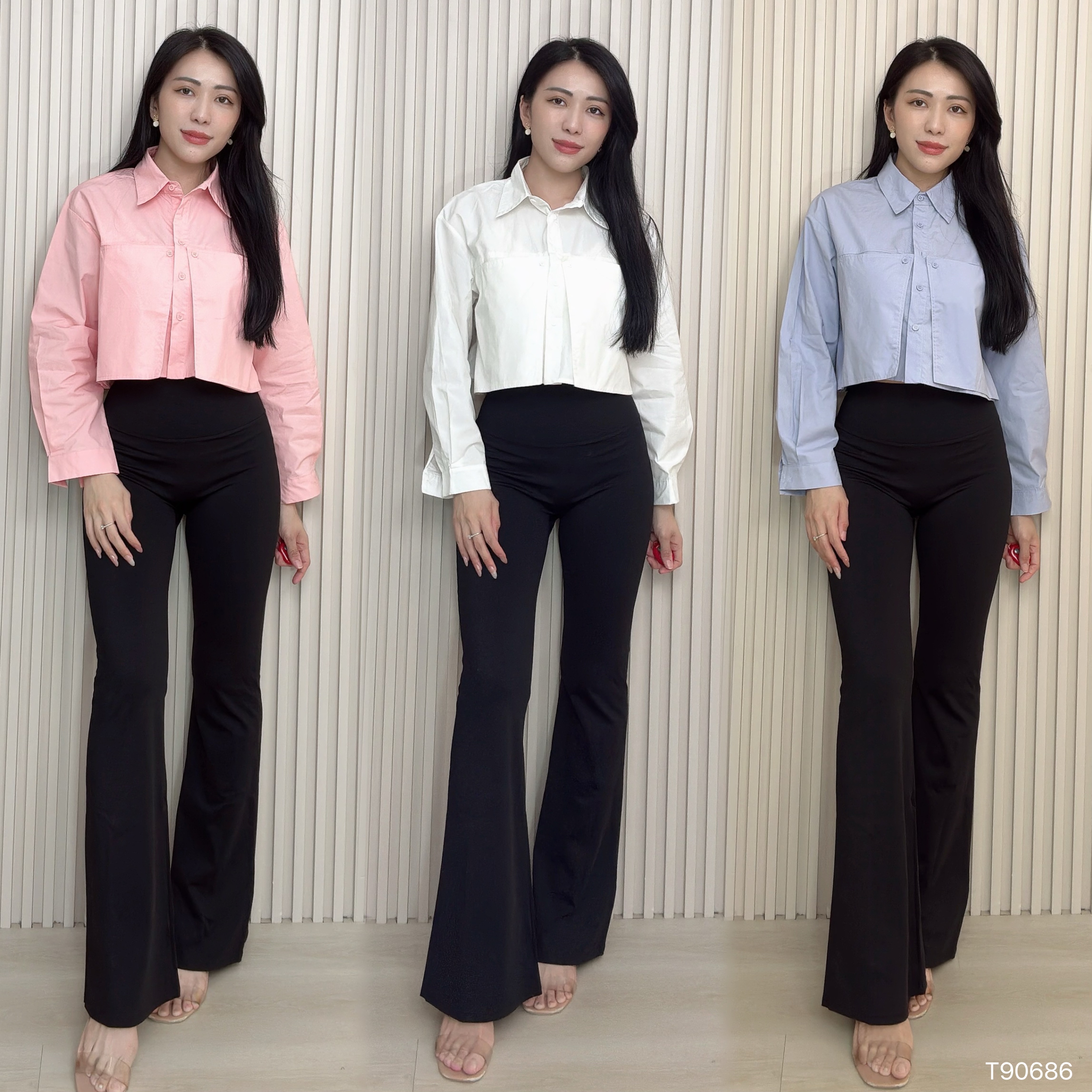 设计感翻领短款长袖衬衫 (T90686)