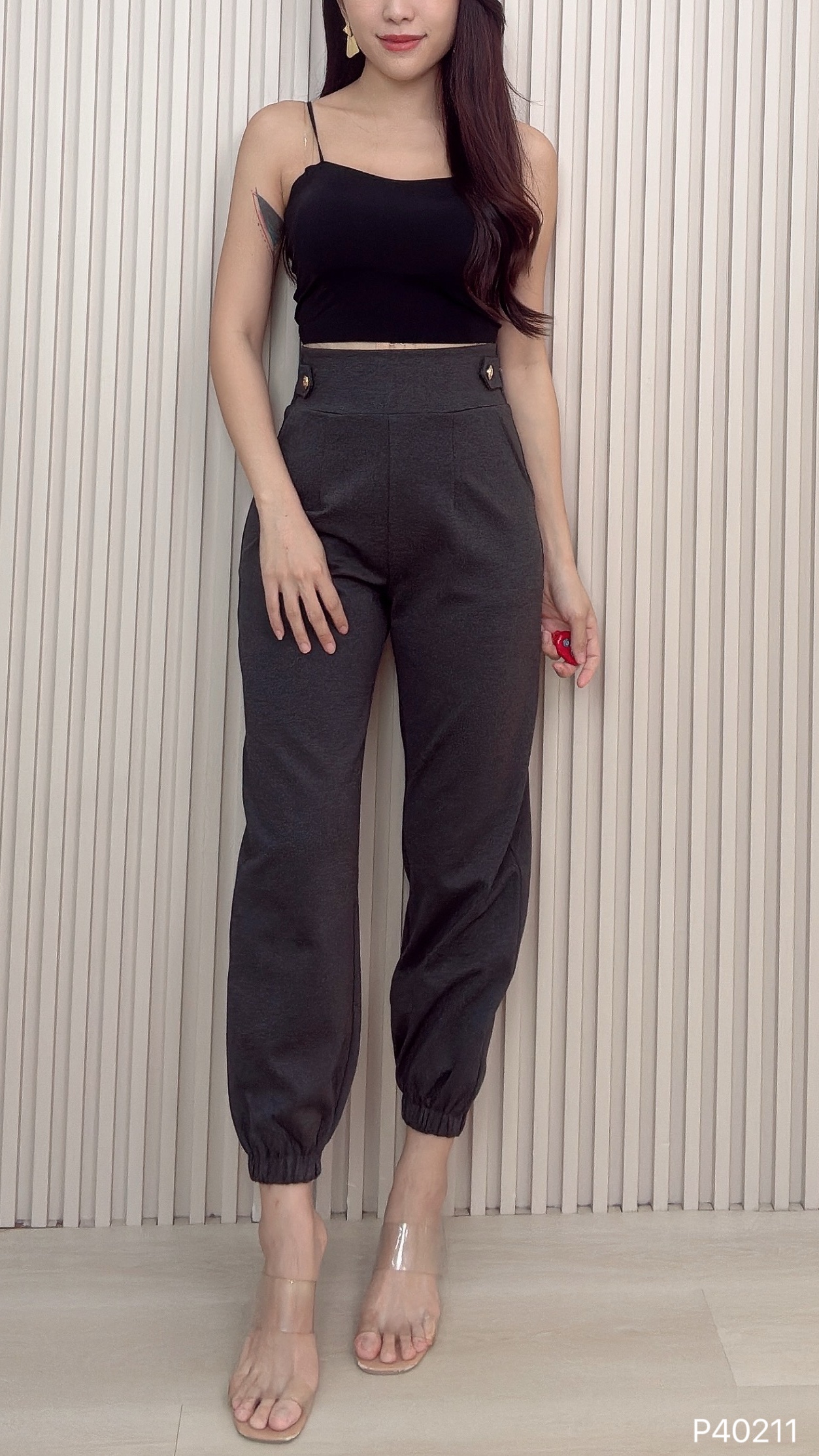 韩版哈伦风束脚设计高腰长裤 (P40211)