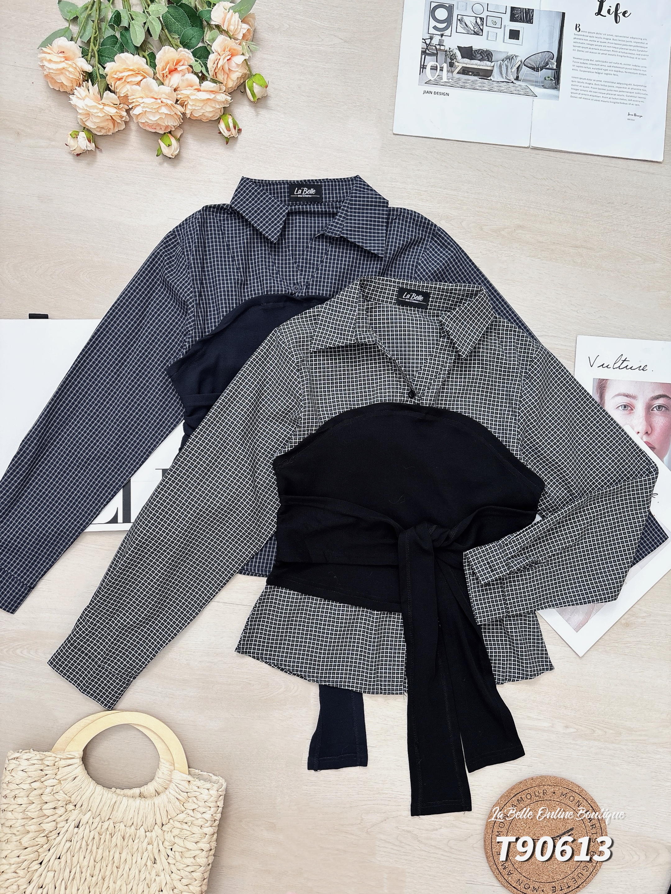 时尚拼接设计修身翻领长袖上衣 (T90613)