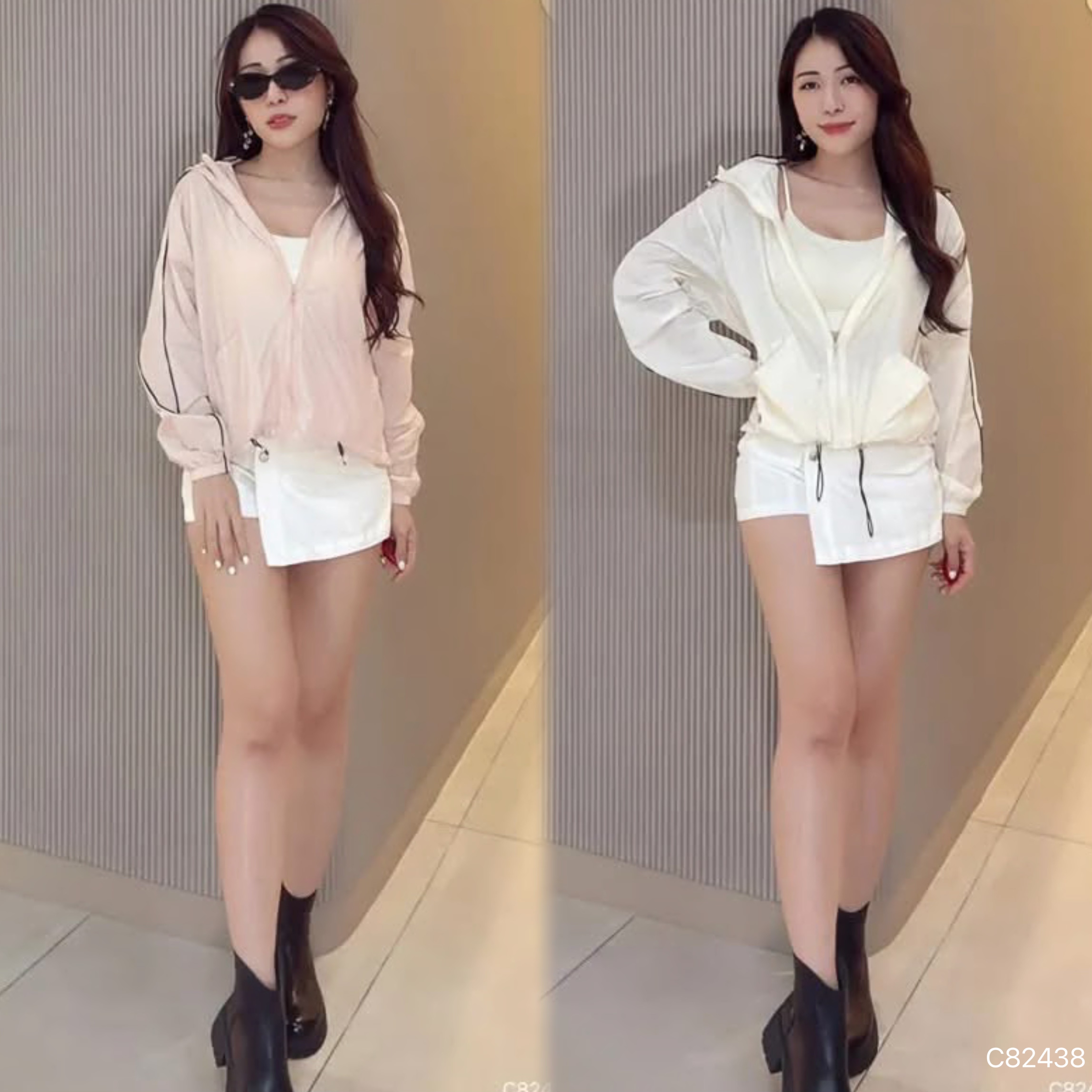 休闲薄款条纹设计连帽外套  (C82438)