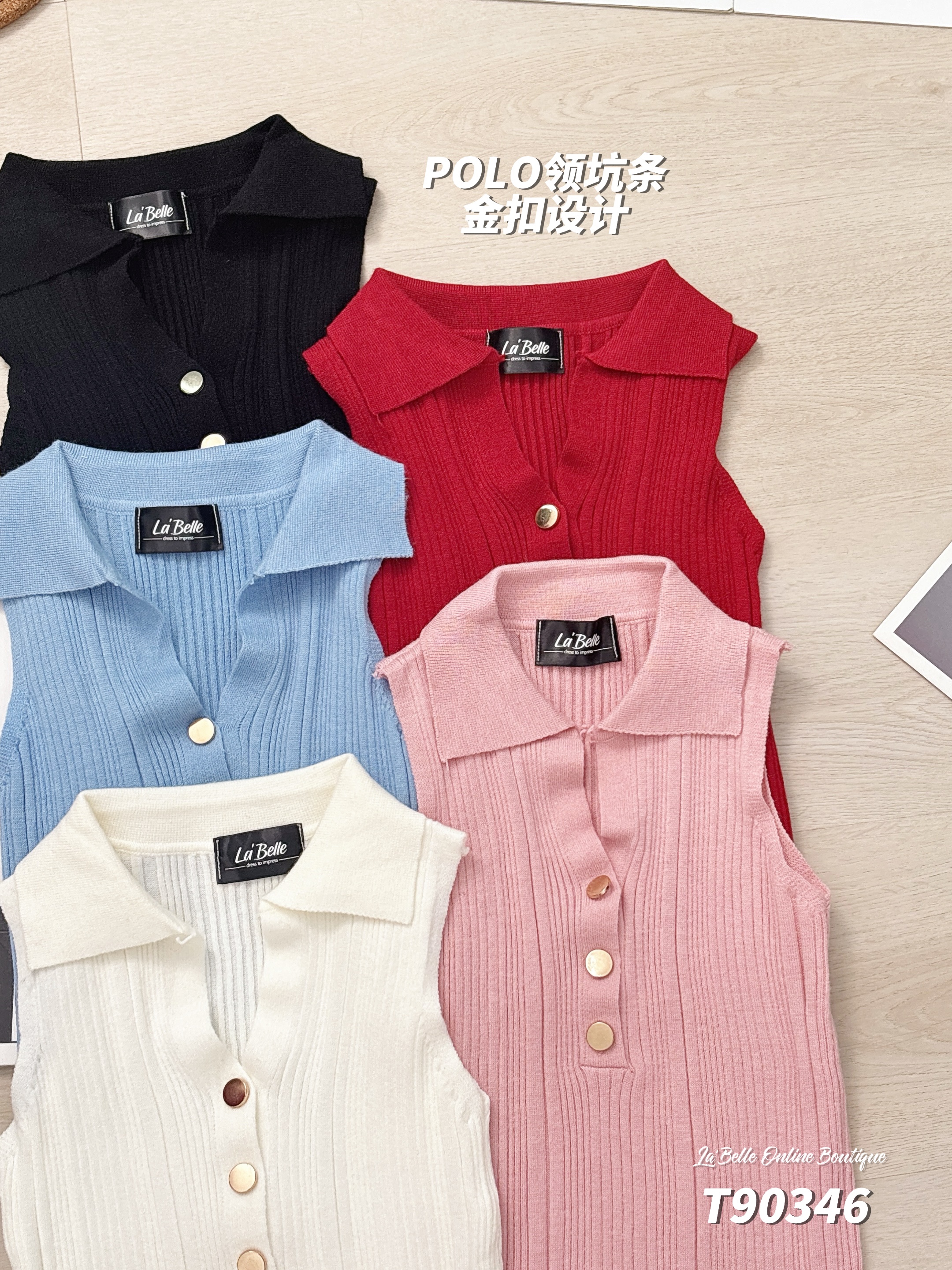 POLO领坑条金扣设计无袖上衣 (T90346)-La'Belle Fashion Boutique Sdn Bhd