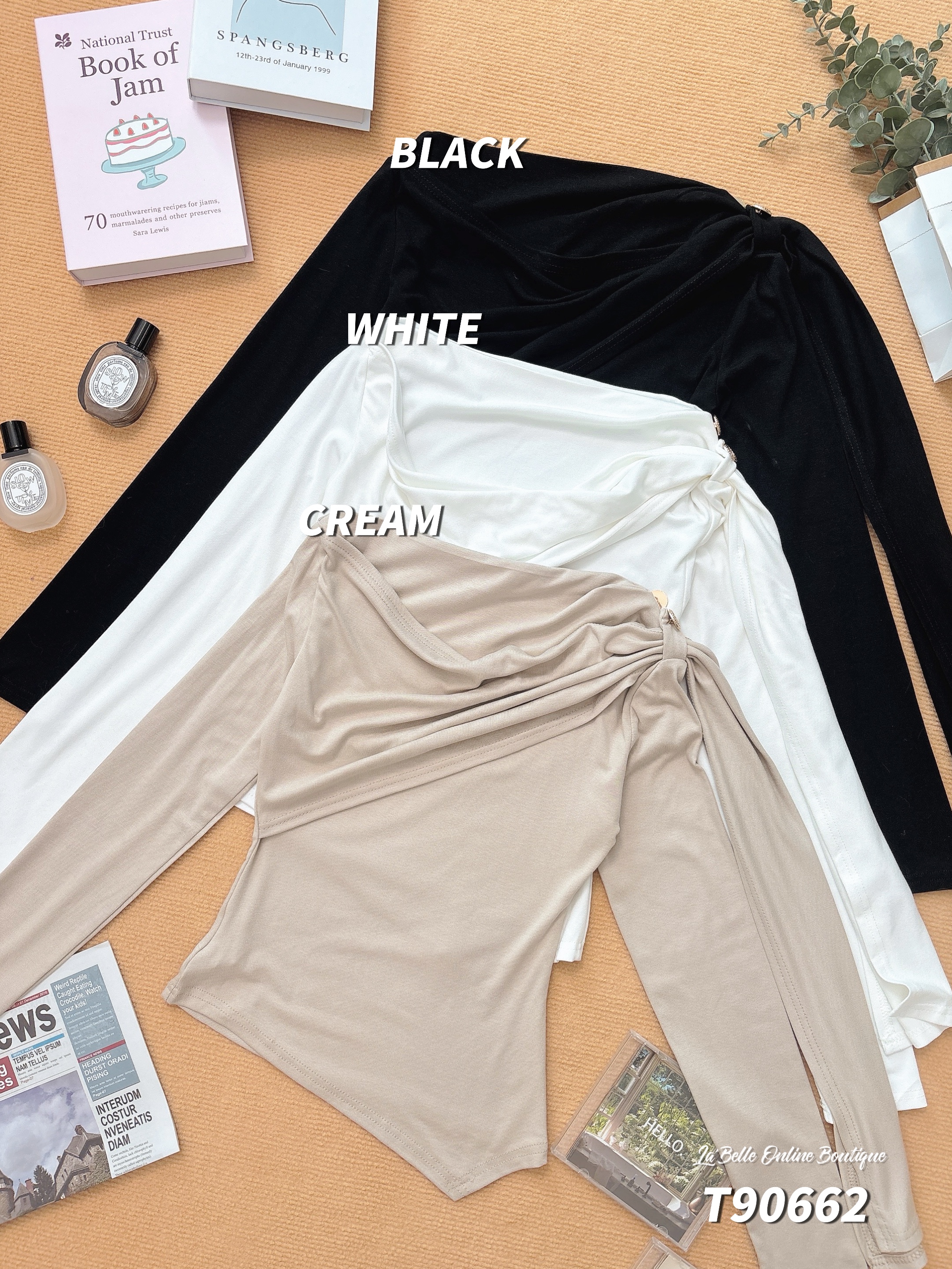 设计感拼接飘带斜领长袖上衣 (T90662)