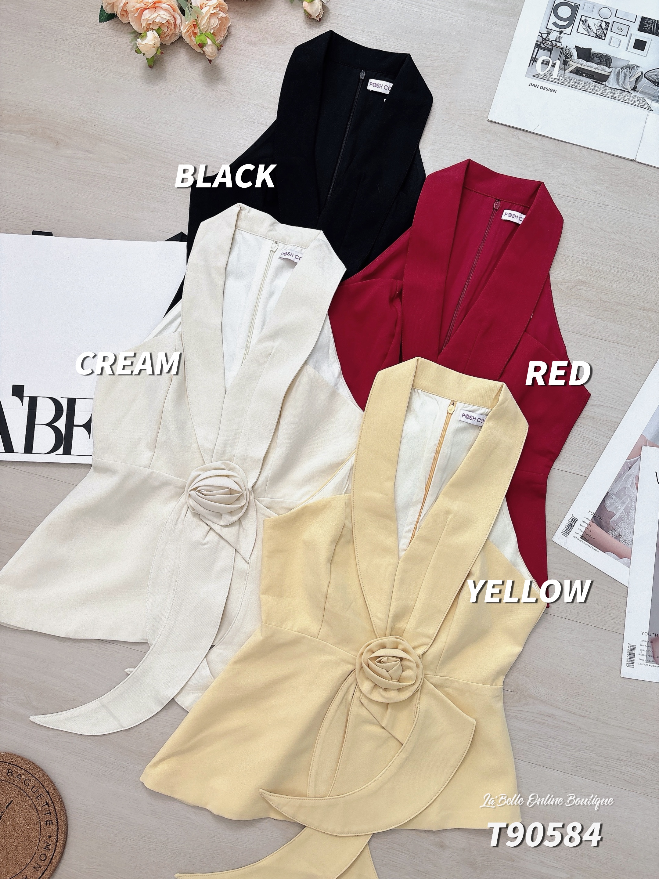 名媛风立体花朵设计Cut-In上衣 (T90584)