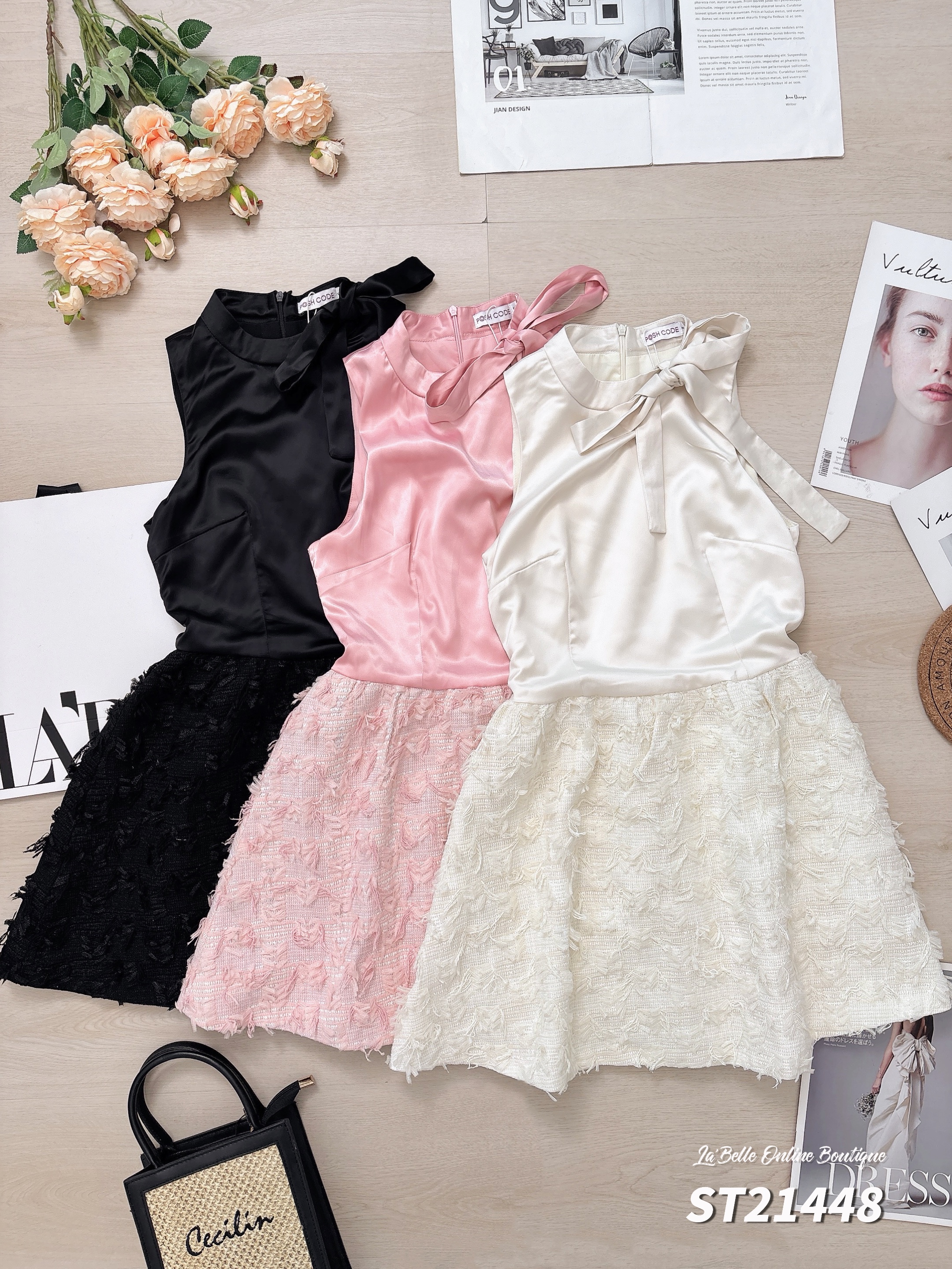 精致小香风蝴蝶结设计无袖连身裙 (ST21448)