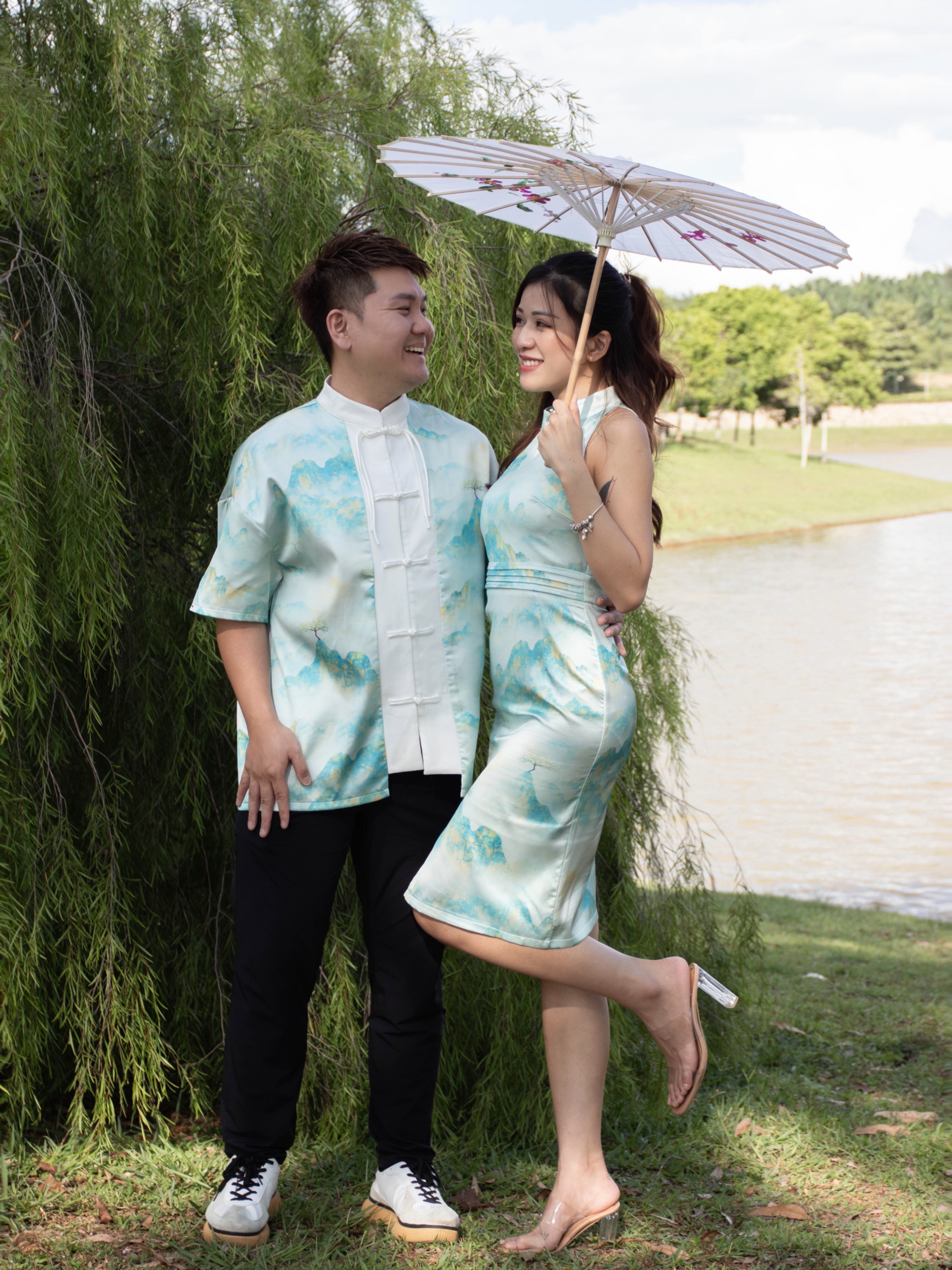 【LBP亲子系列】远山黛国风挂脖开叉设计改良版旗袍连身裙（F70106-妈妈款）