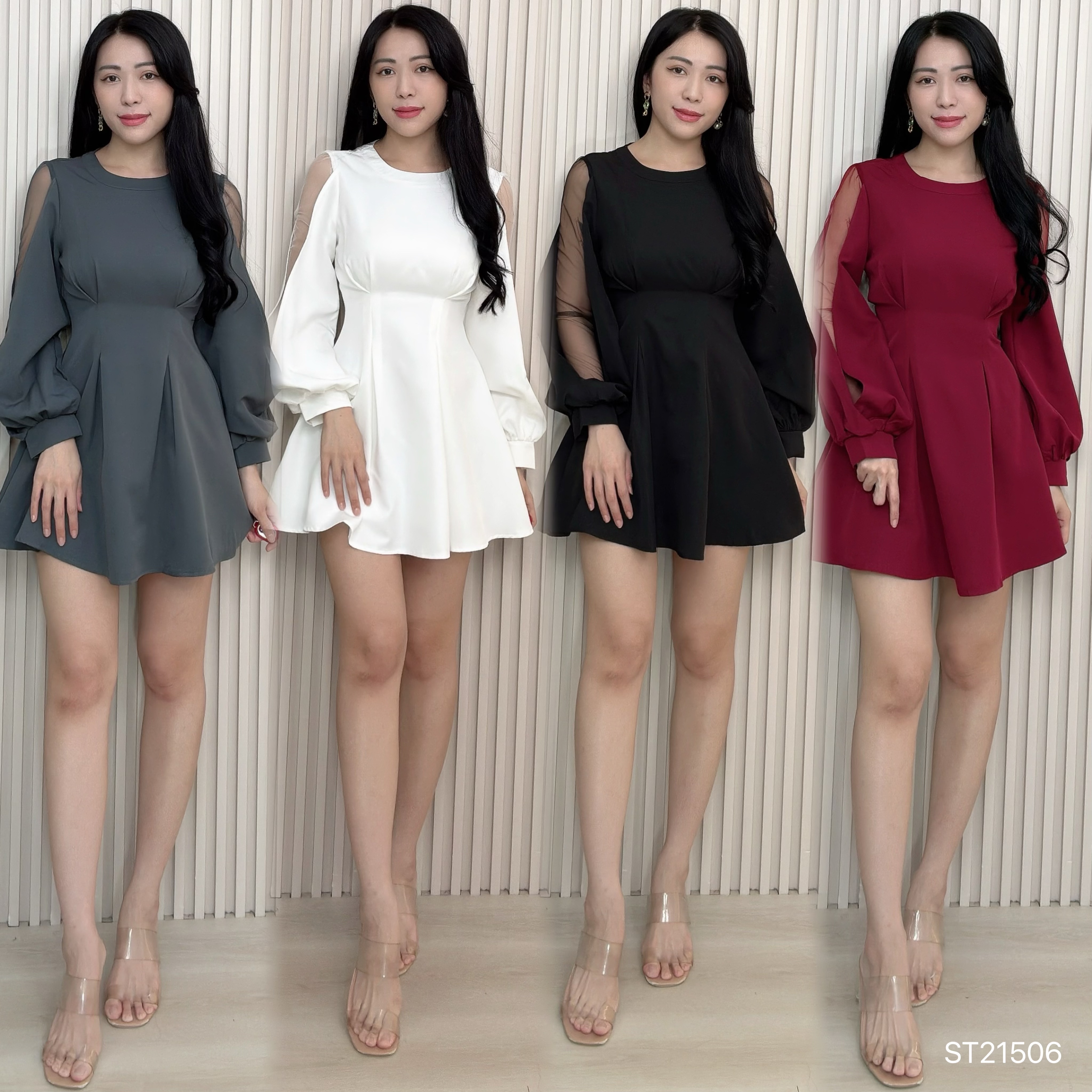 高级感压褶微透设计长袖连身裙 (ST21506)