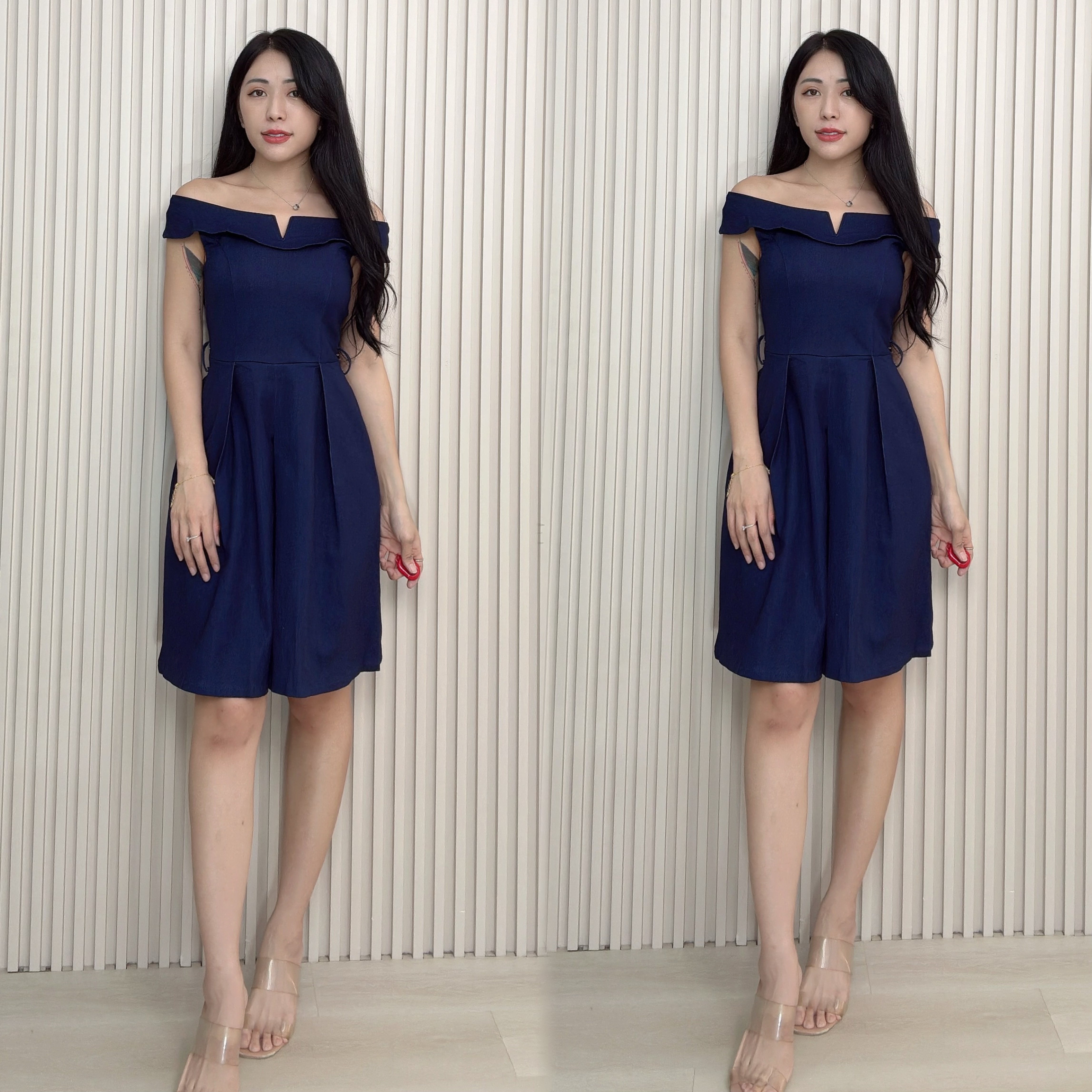 气质小V铁宽领设计七分连身裤 (ST21535)