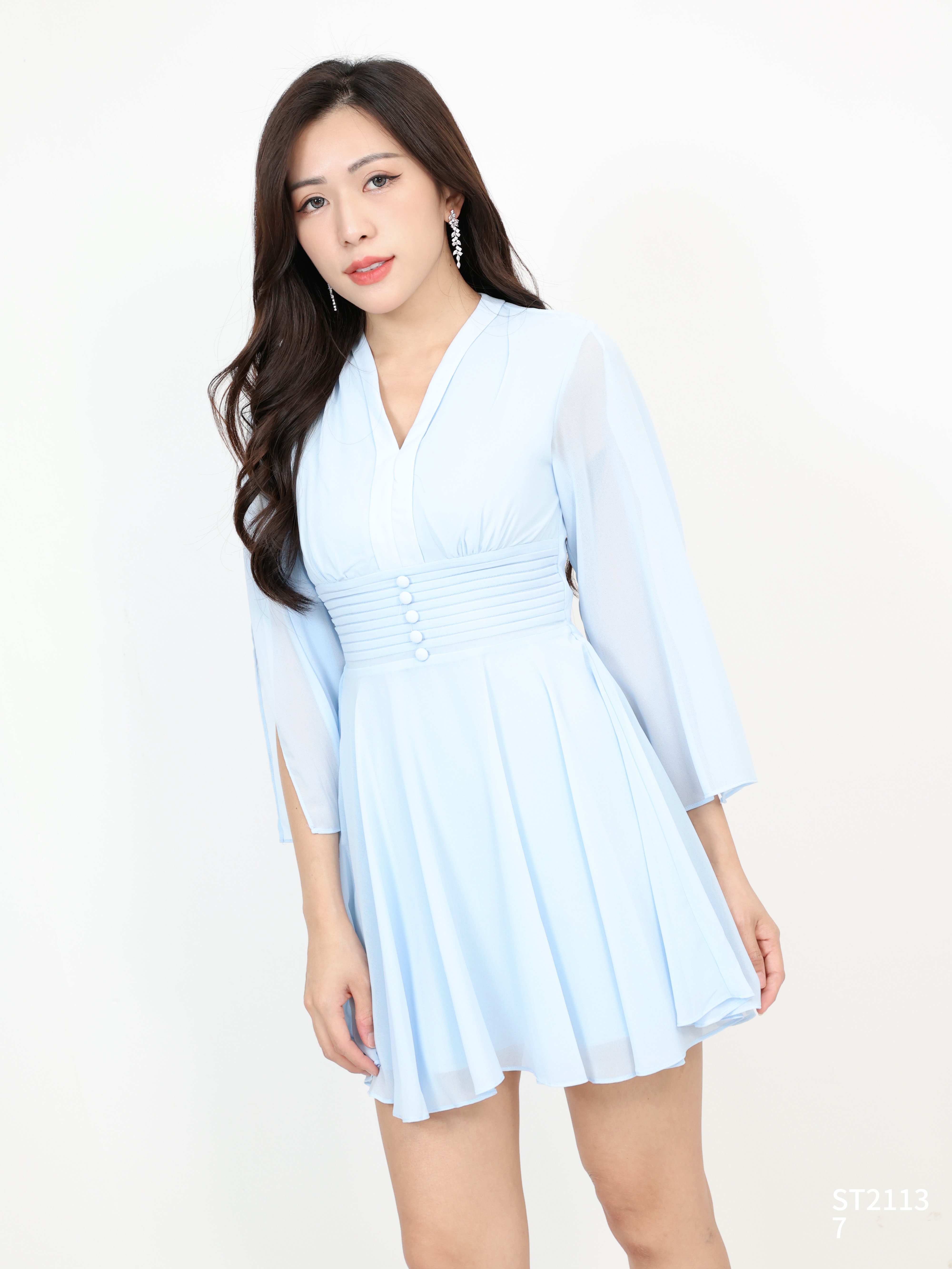 仙女V领皱褶收腰连身裙 (ST21137)  - 特价-La'Belle Fashion Boutique Sdn Bhd