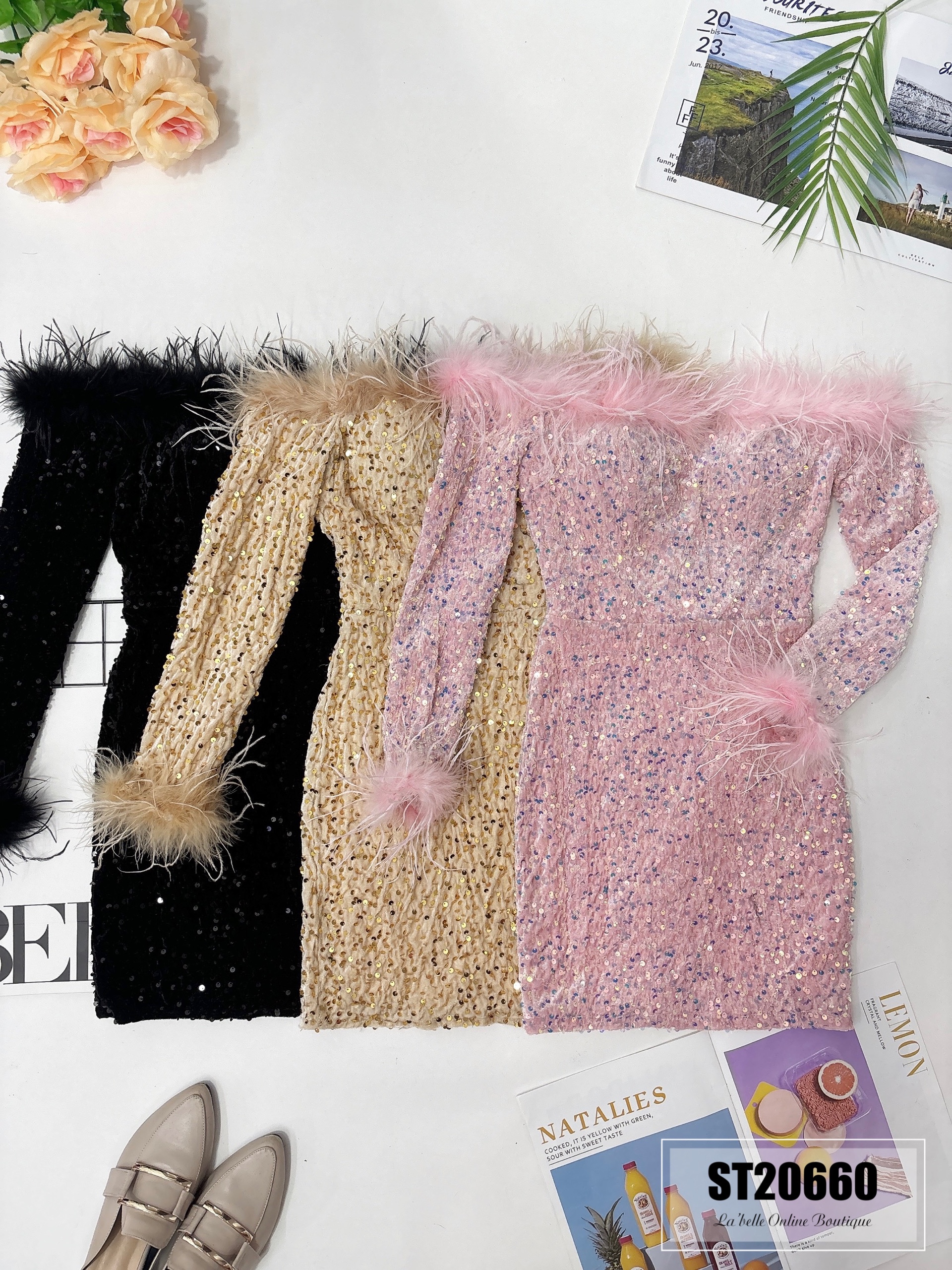 【LBP独家】性感闪亮亮毛毛边露肩设计连身裙（ST20660）