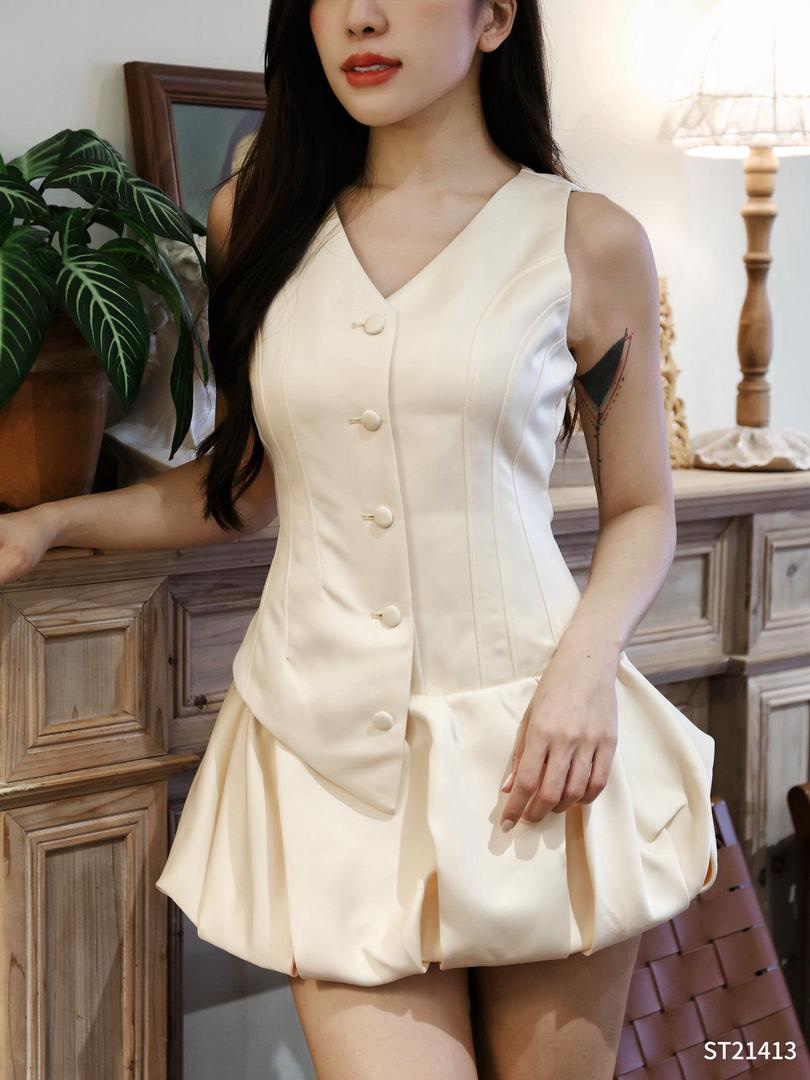 甜美花苞下摆设计V领宽带连身裤裙 (ST21413)