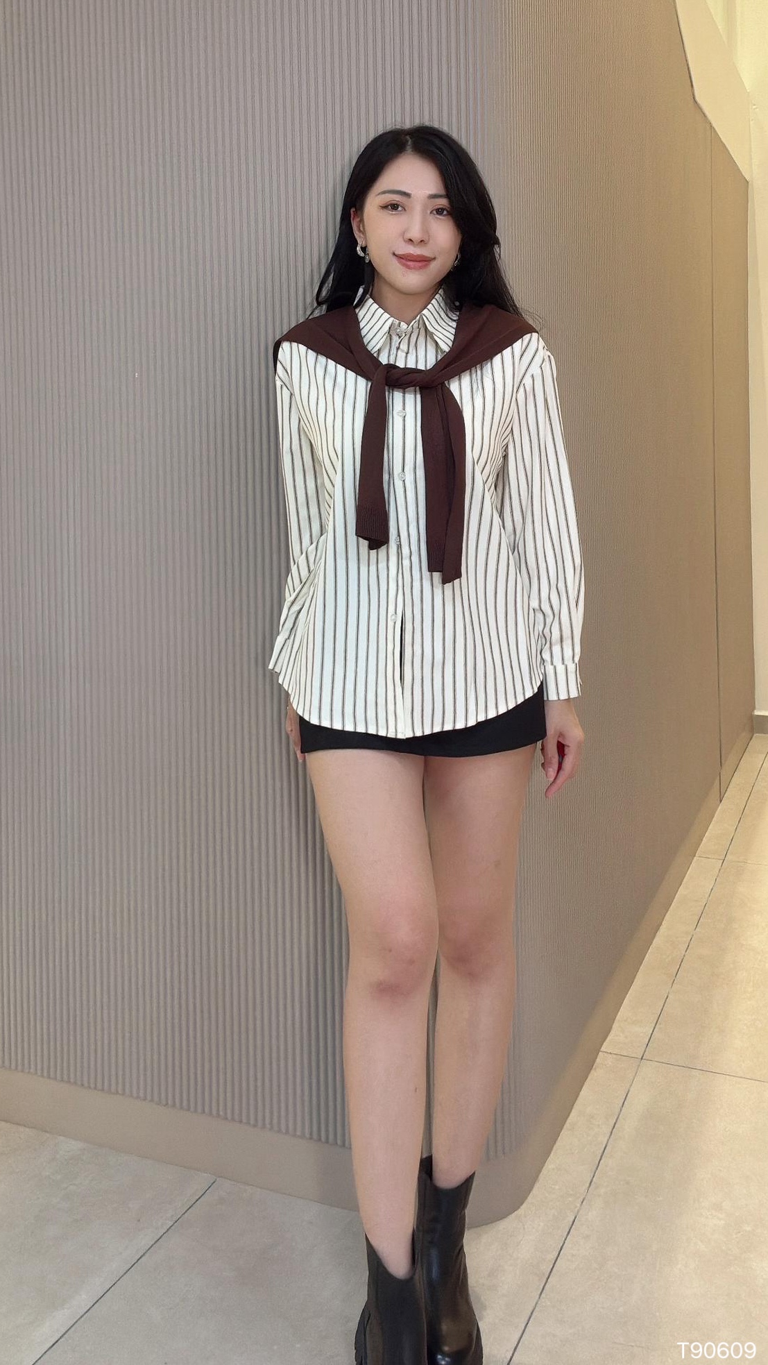 韩系条纹披肩设计长袖上衣 (T90609)