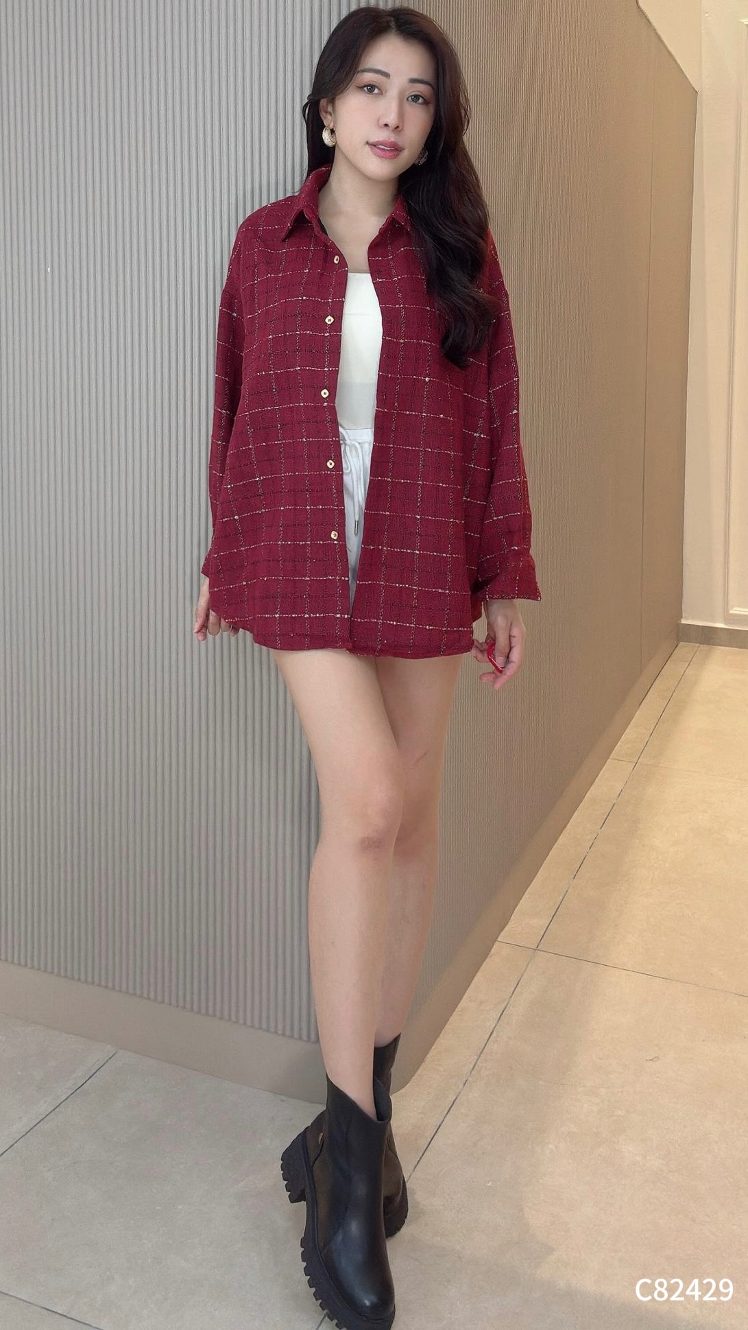 复古格子小香风宽松长袖上衣/外套 (C82429)