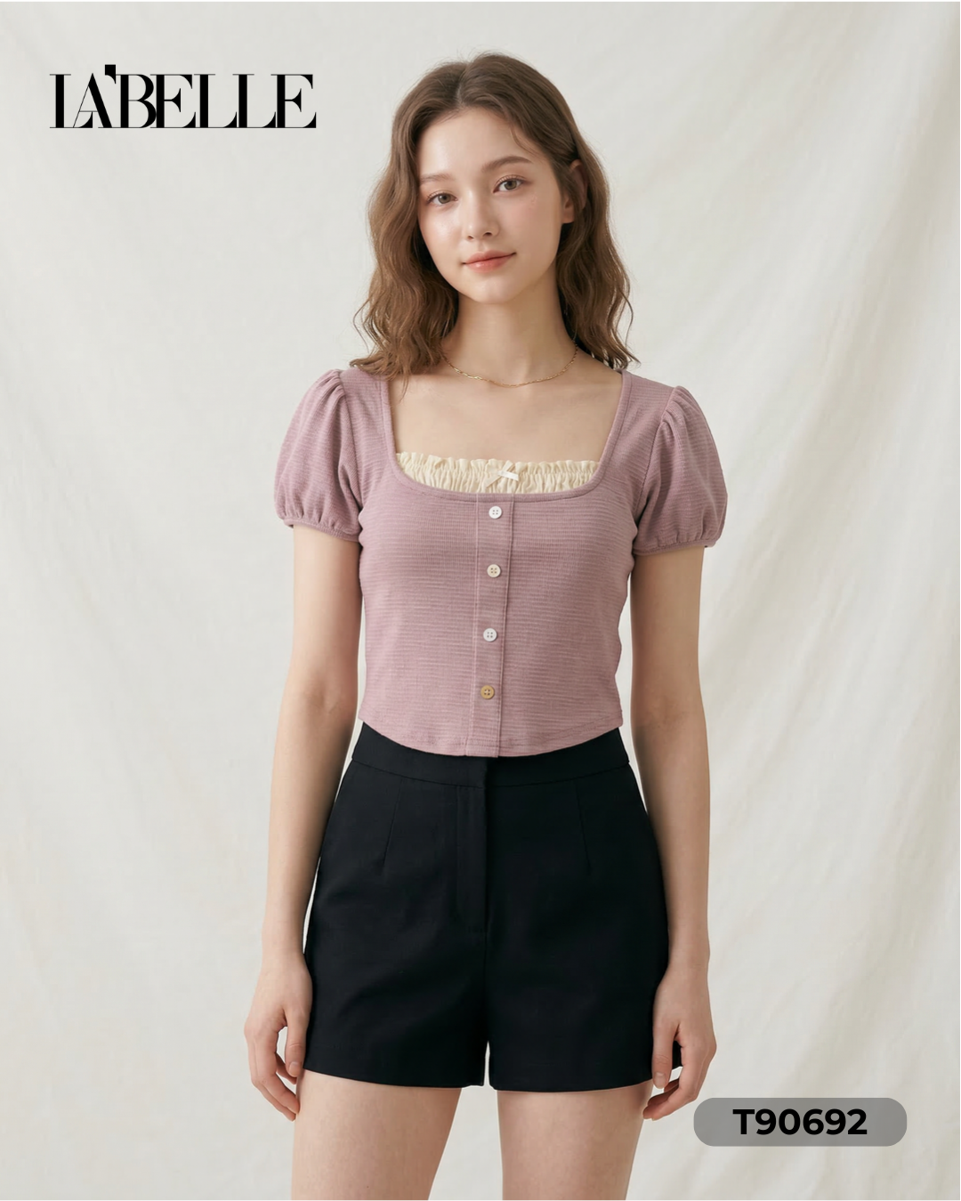 时尚洋气方领假两件泡泡袖上衣 (T90692)