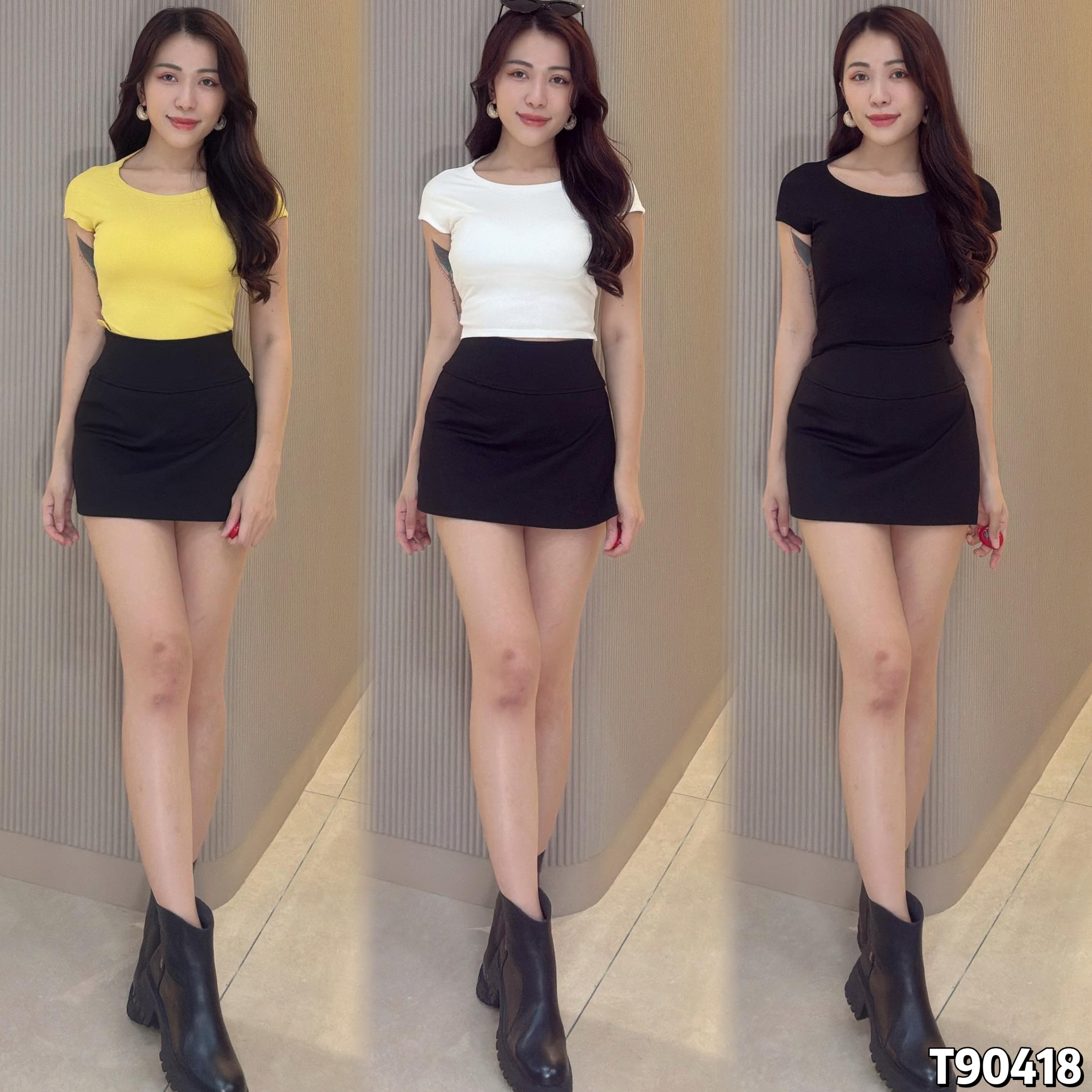 小心机背面镂空交叠下摆设计圆领上衣 (T90418)