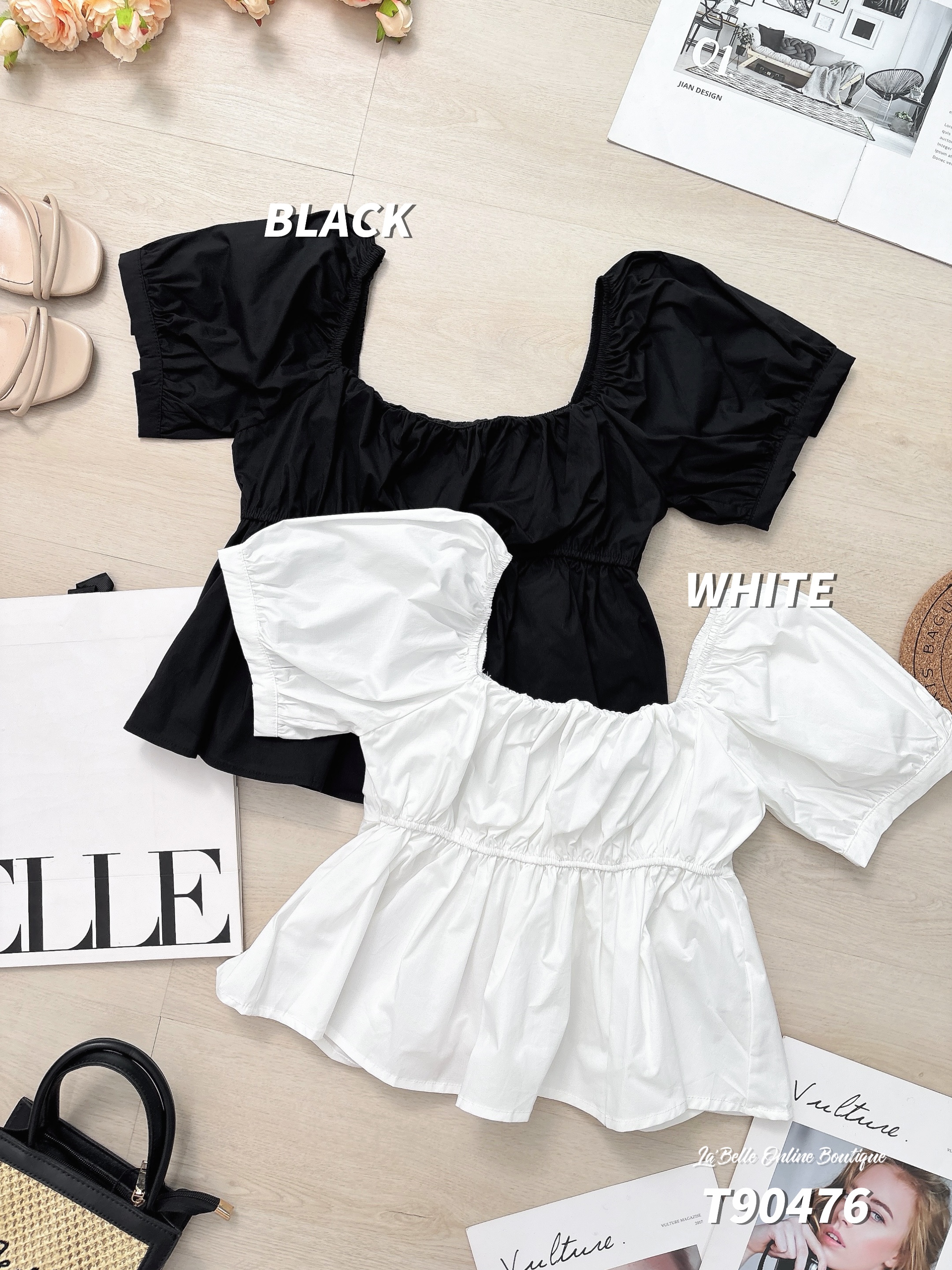 甜美褶皱两穿设计泡泡袖上衣 (T90476)