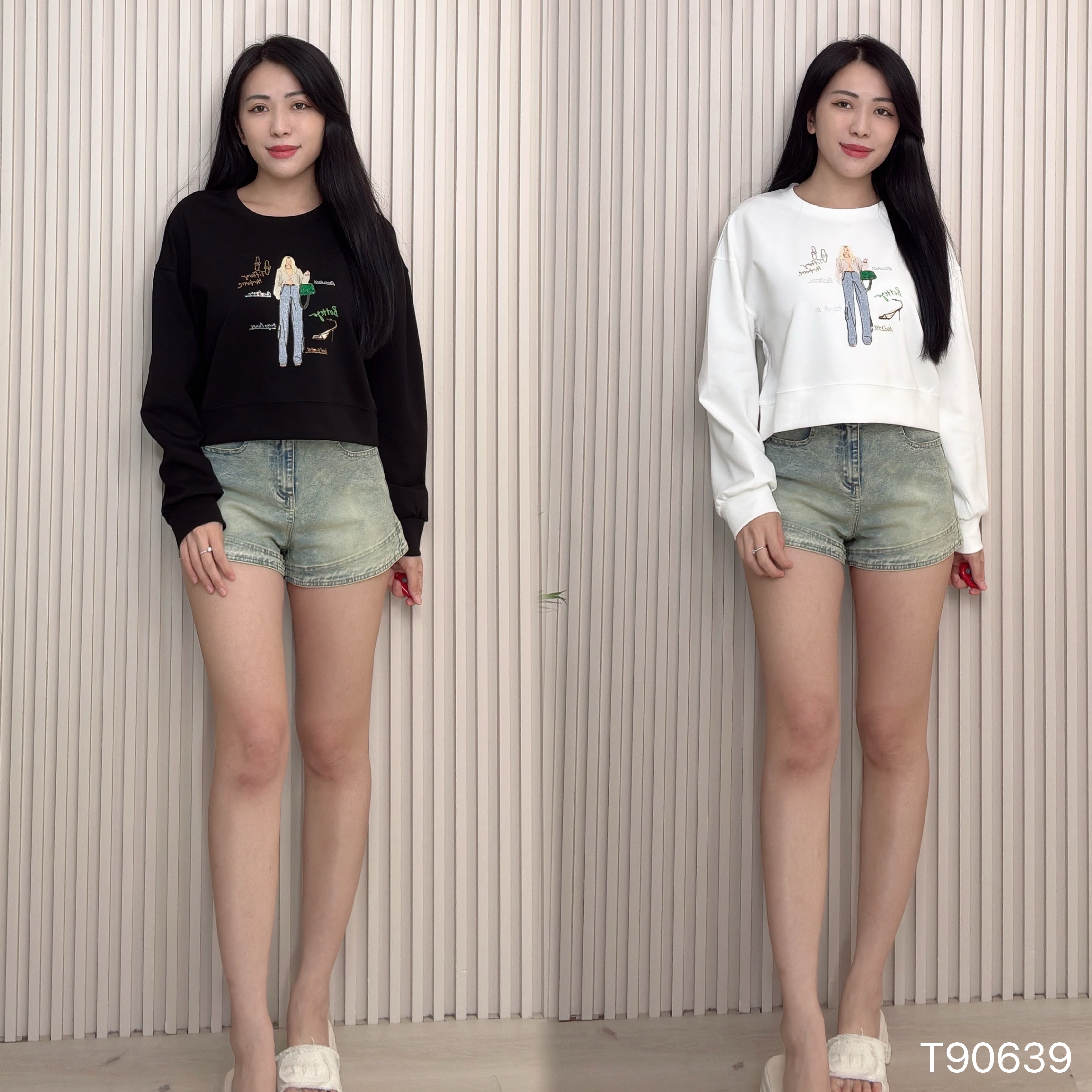 休闲风插画烫钻设计长袖上衣 (T90639)