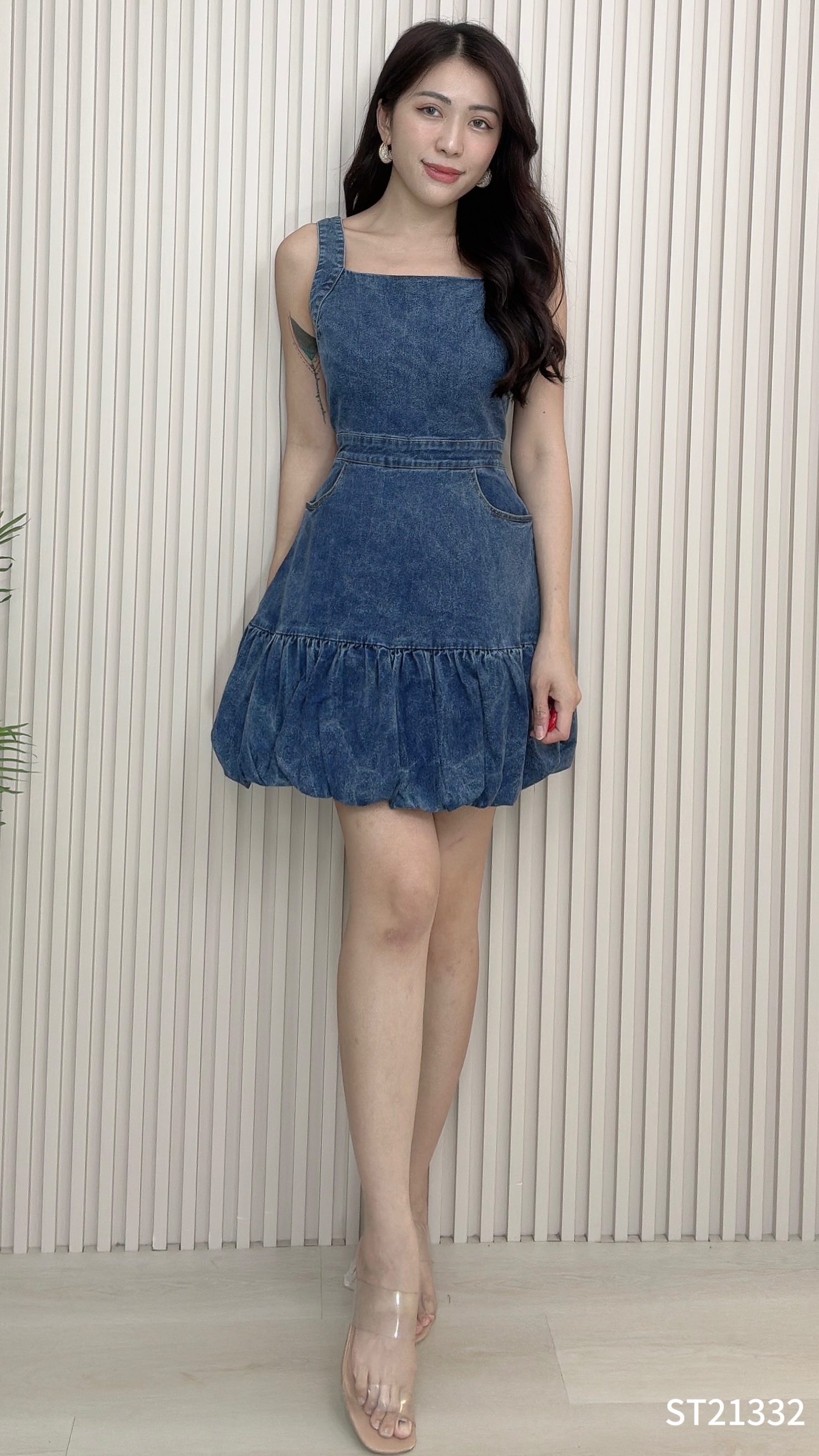 港风下摆花苞设计吊带连身裤裙 (ST21332)