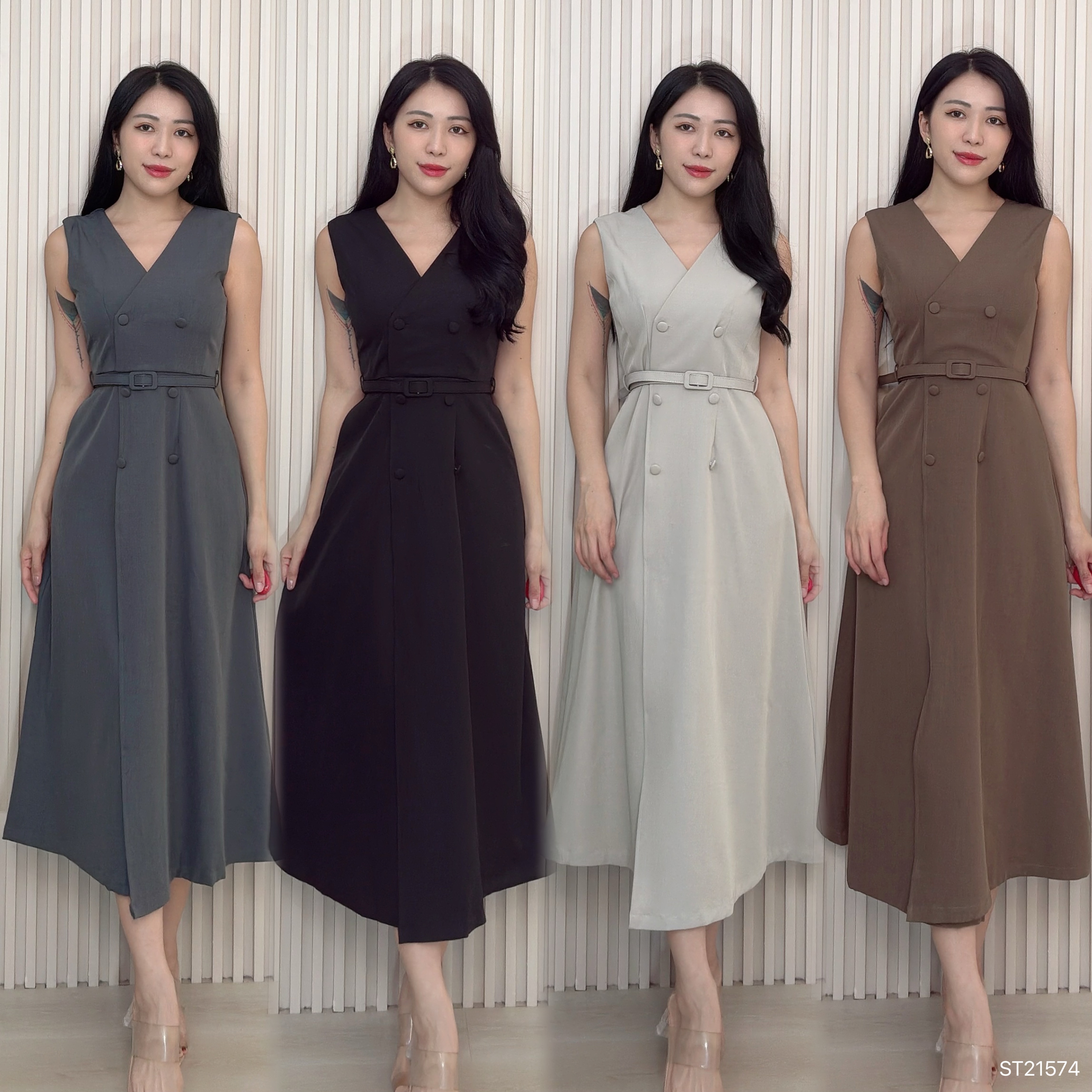 高级感马甲交叉V领设计连身裙 (ST21574)