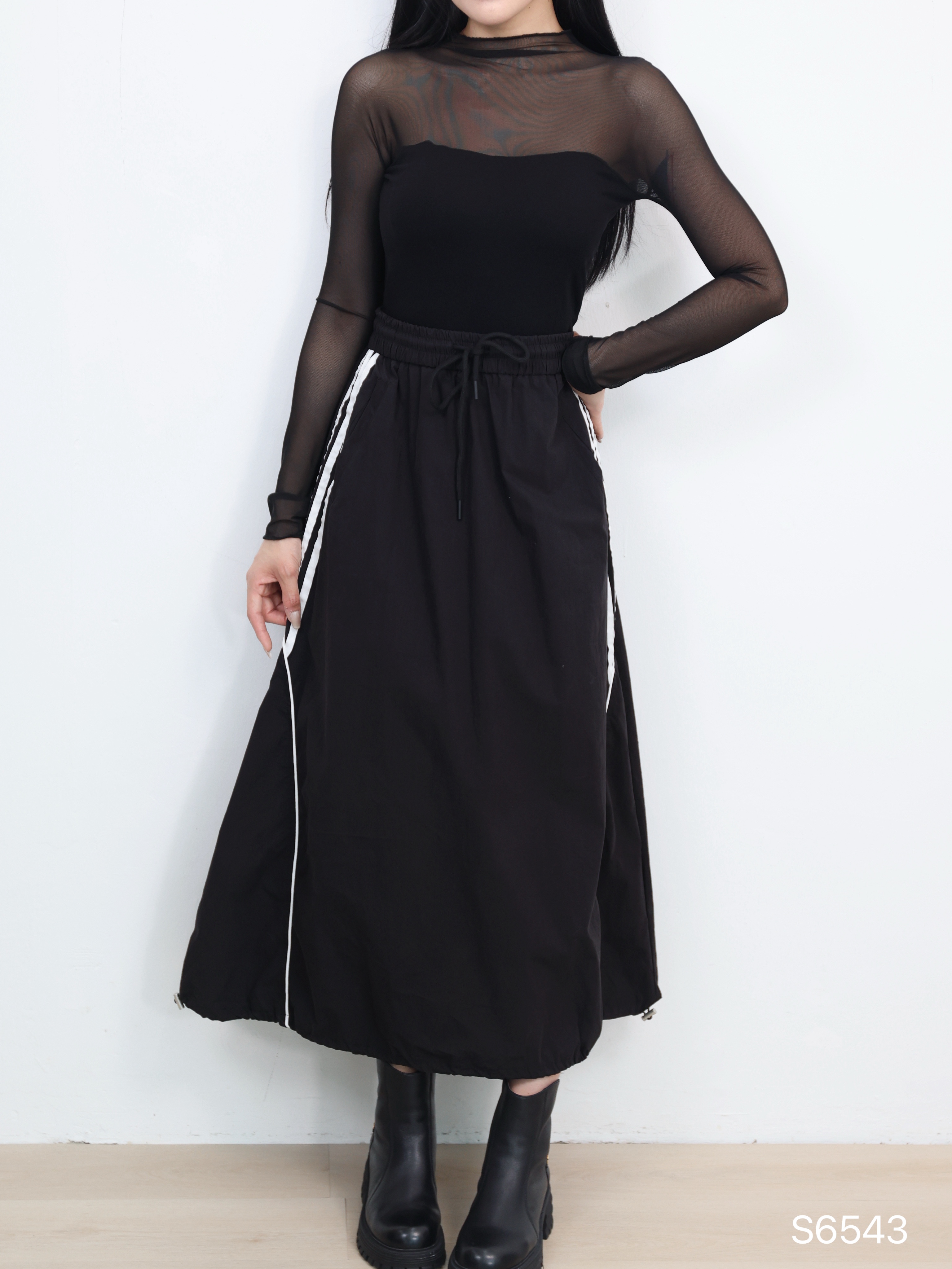 设计感A字抽绳设计高腰半身裙 (S6543)