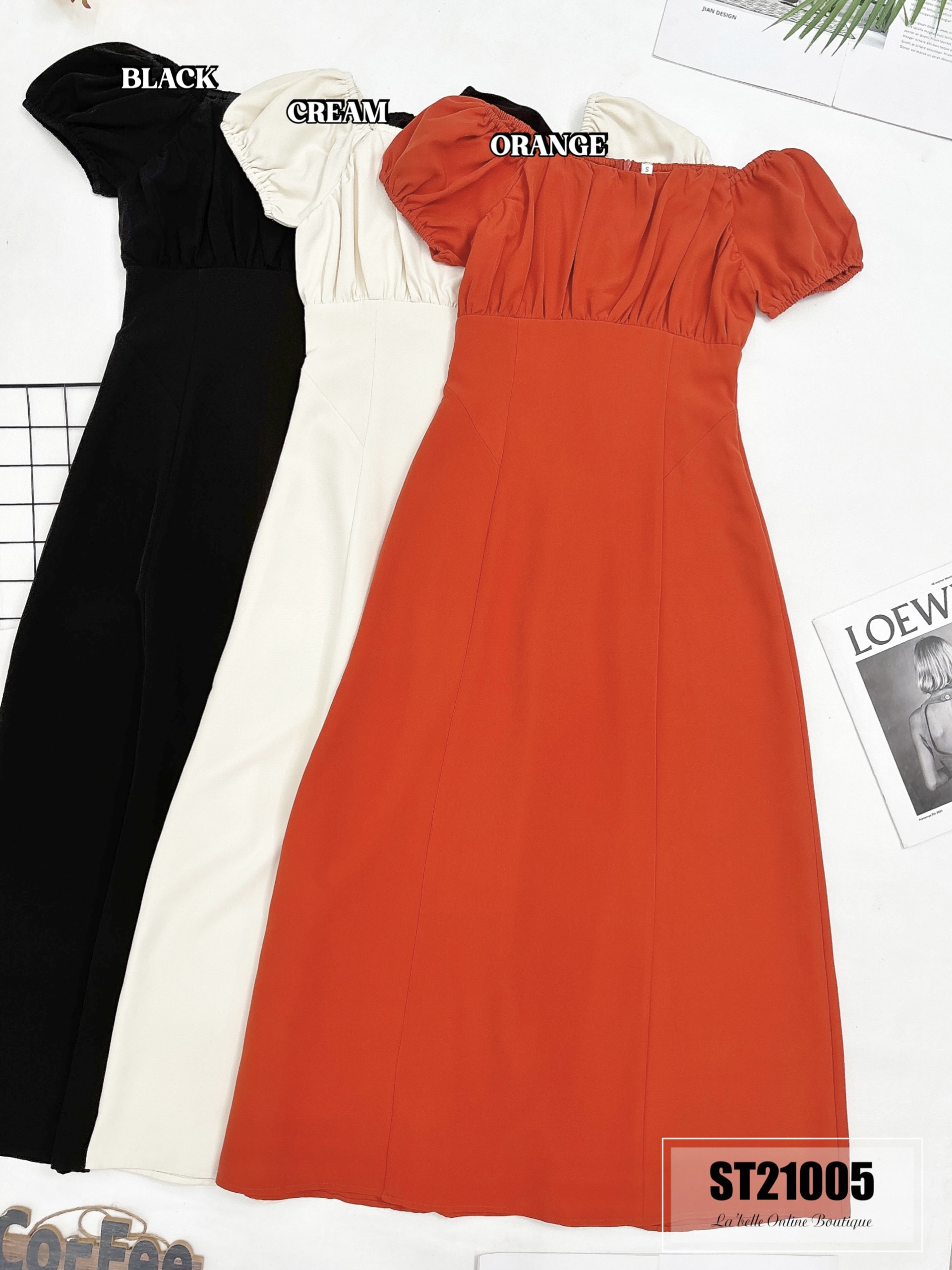 绝美方领泡泡袖连身裙 (ST21005)