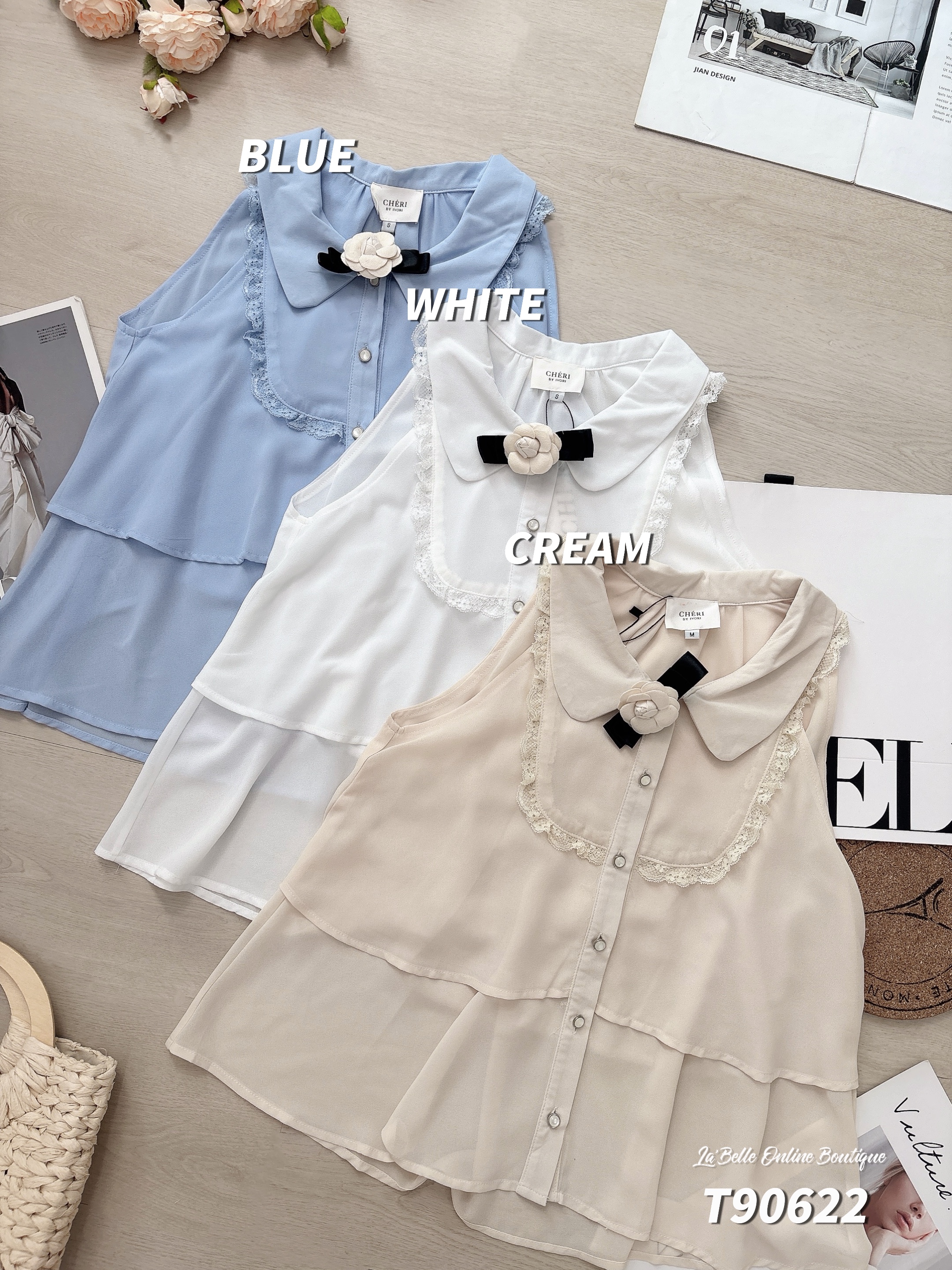 韩系双层蕾丝边设计无袖上衣 (T90622)