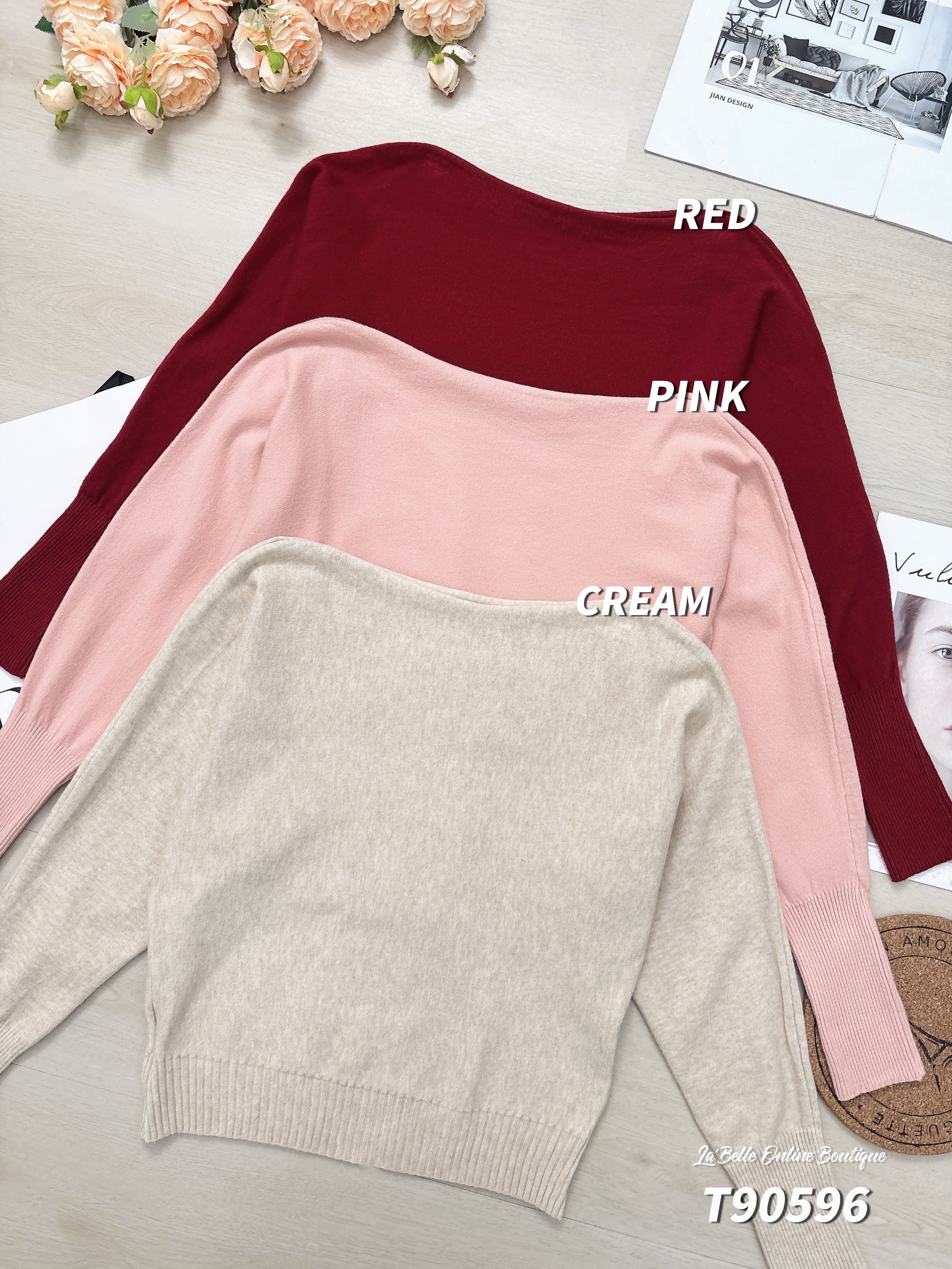 慵懒纯色宽领长袖上衣 (T90596)