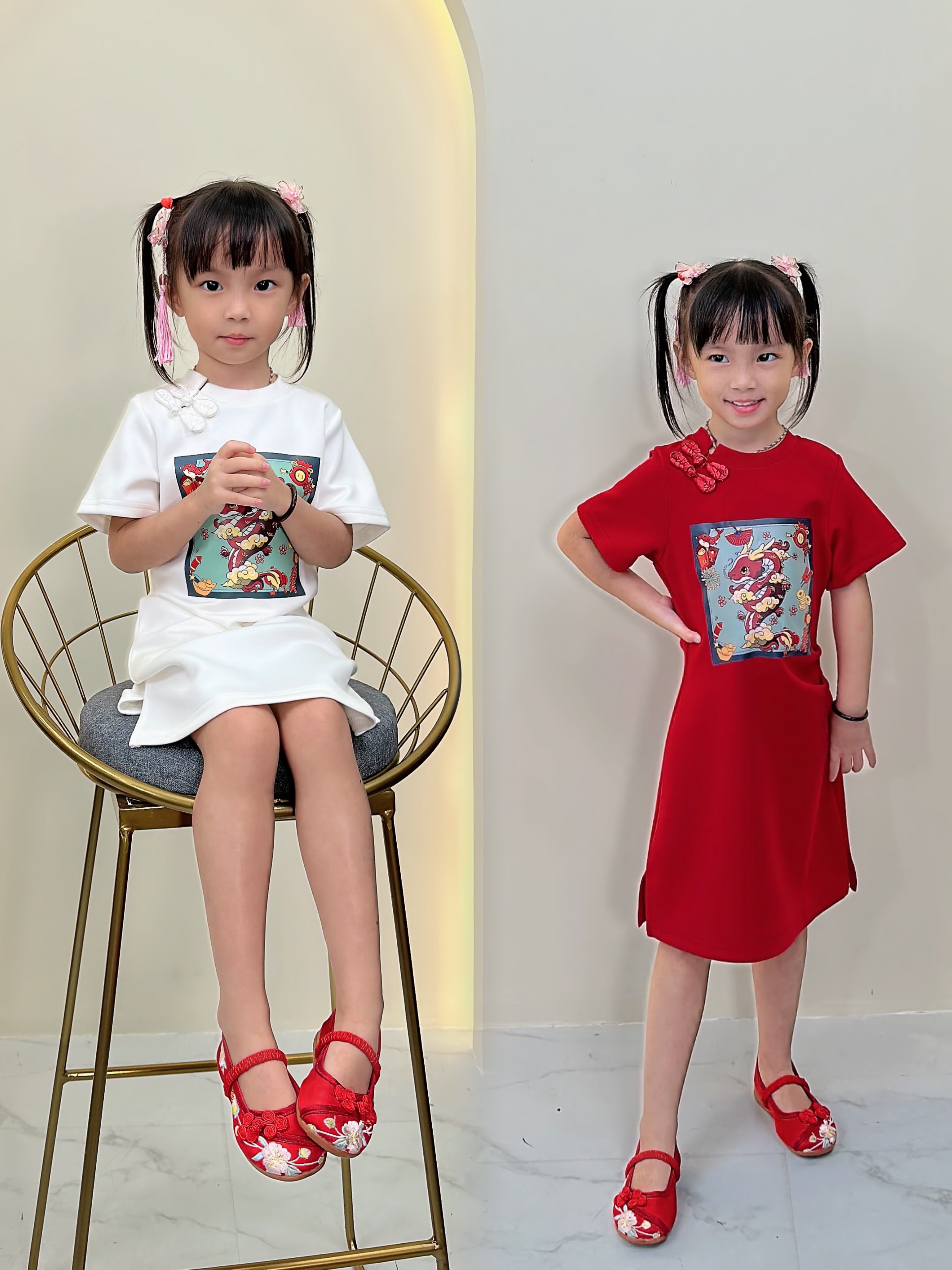【LBP亲子系列】可爱小龙LB图案设计改良版旗袍连身裙【女孩版】（F70113）