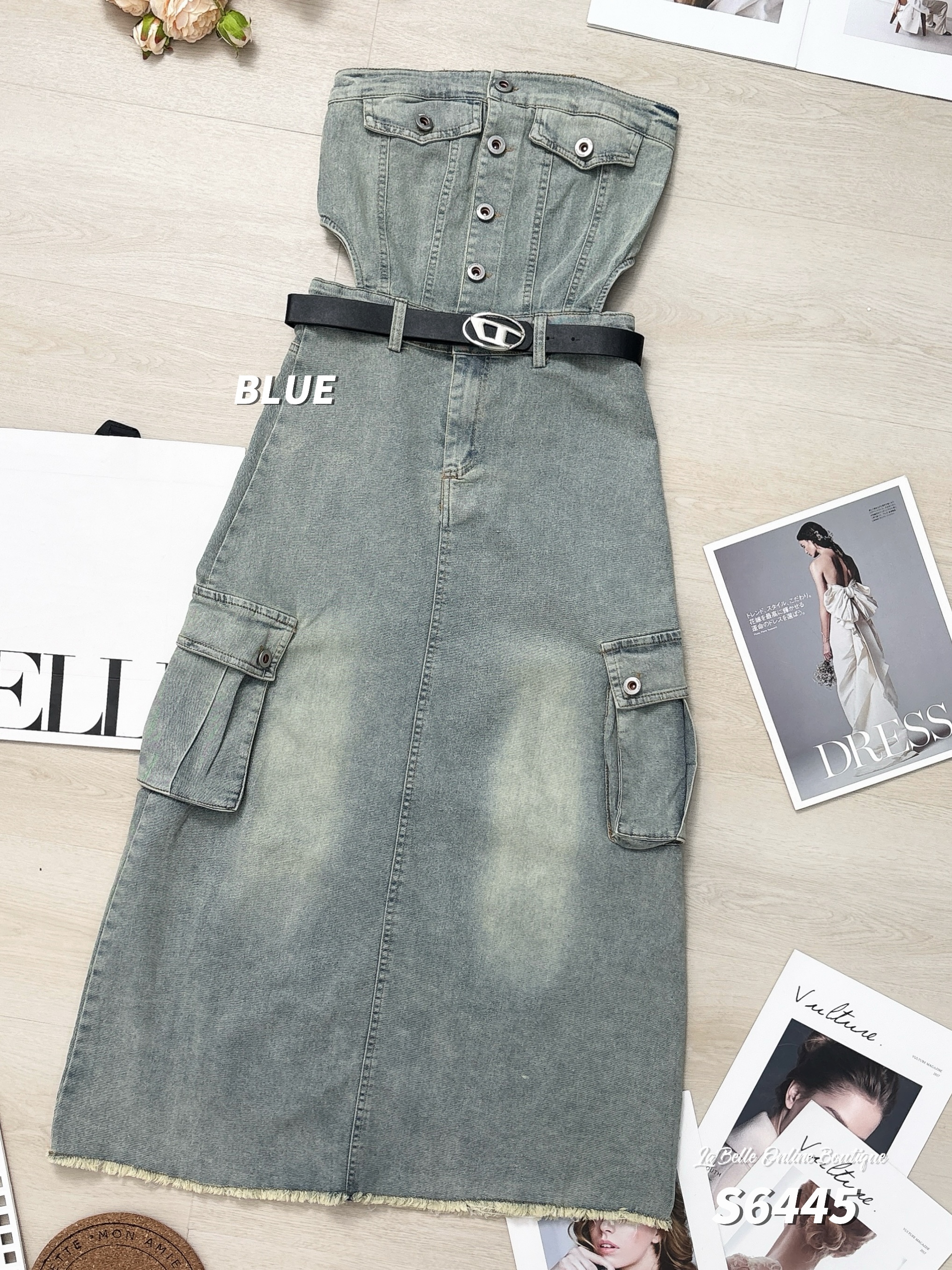 酷帅抹胸镂空设计牛仔连身裙 (S6445)