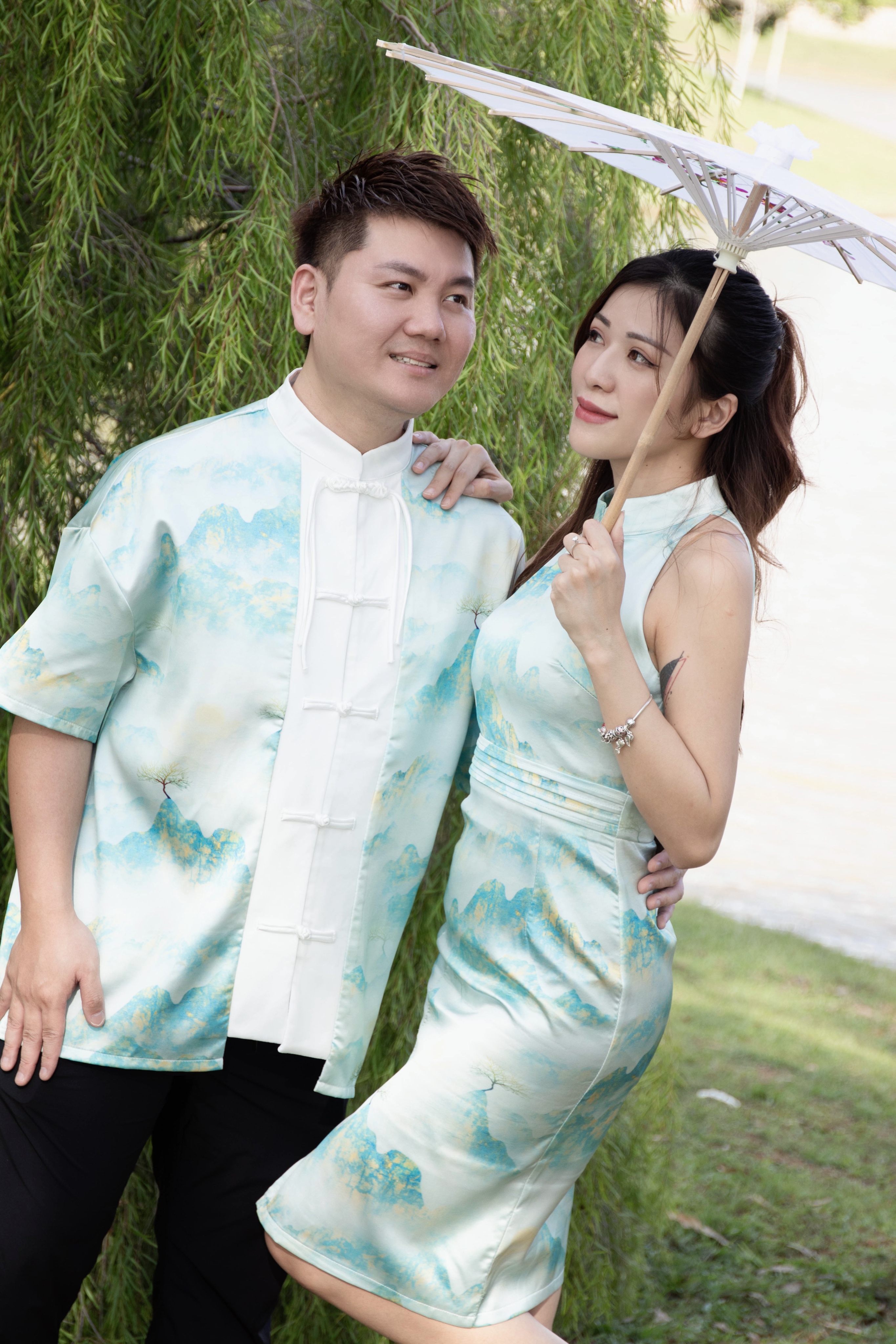 【LBP亲子系列】远山黛国风挂脖开叉设计改良版旗袍连身裙（F70106-妈妈款）