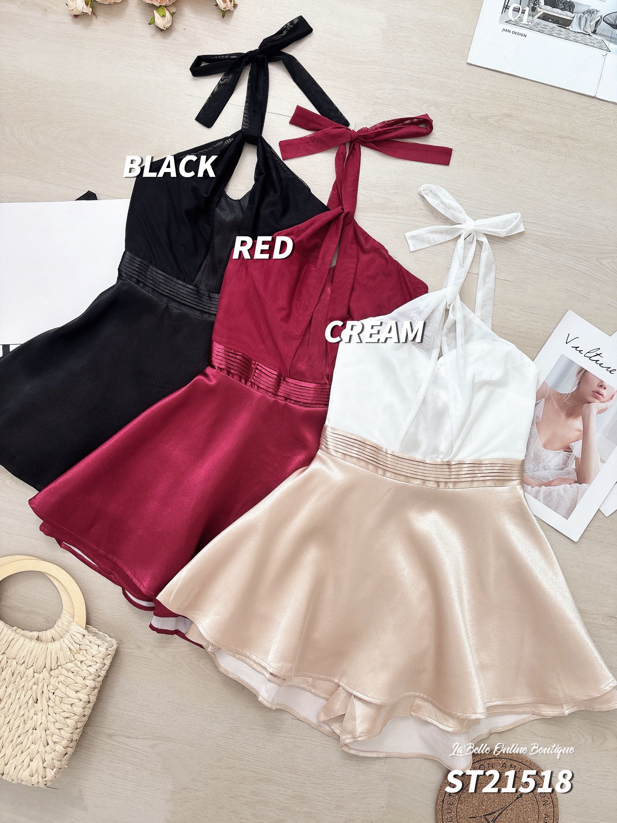 气质撞色挂脖抹胸设计连身裙 (ST21518)