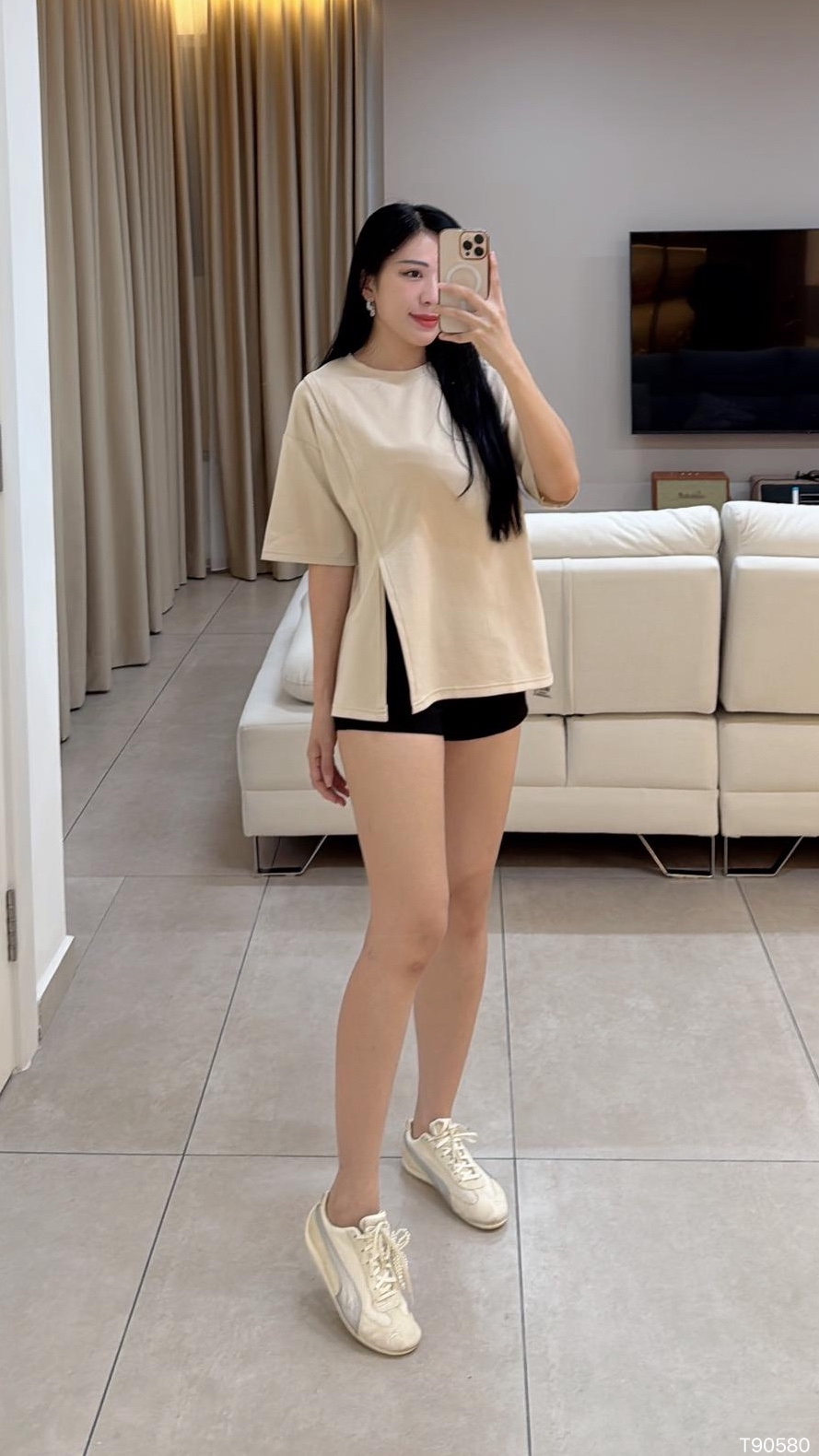 百搭不规则开叉设计宽松T恤 (T90580)