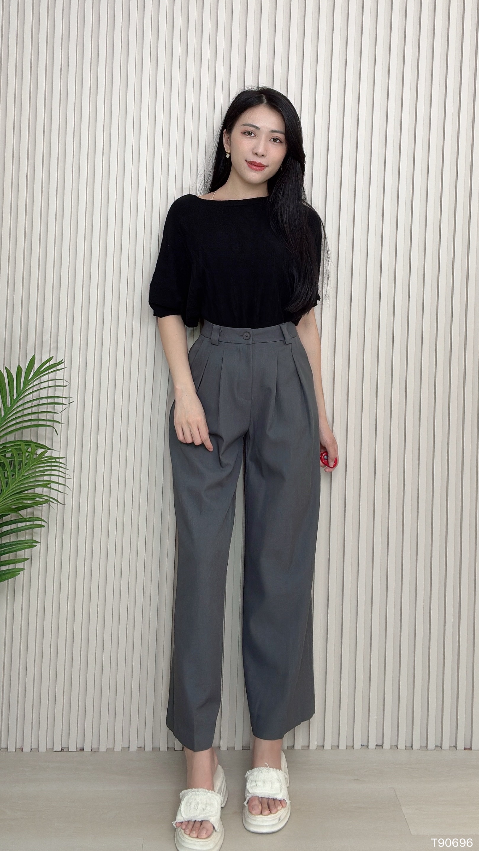 百搭慵懒风宽松落肩设计上衣 (T90696)